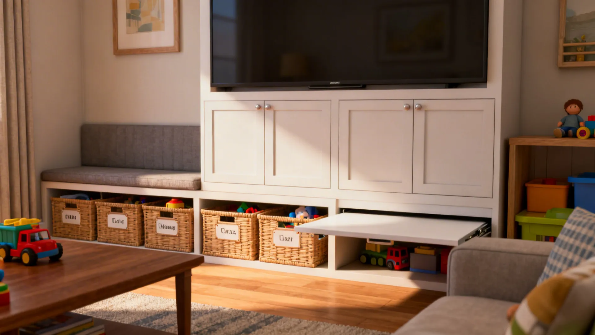 Tidy small living room with concealed toy storage and coordinated baskets