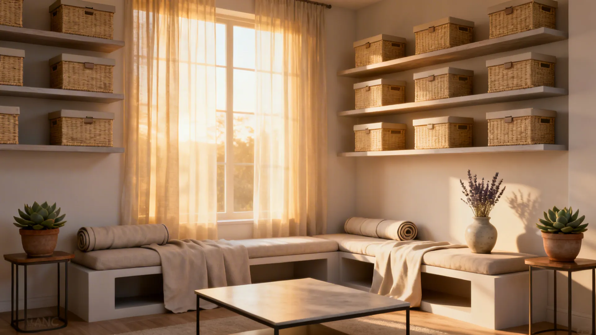 Tidy living room after nightly toy sweep with baskets closed and surfaces clear