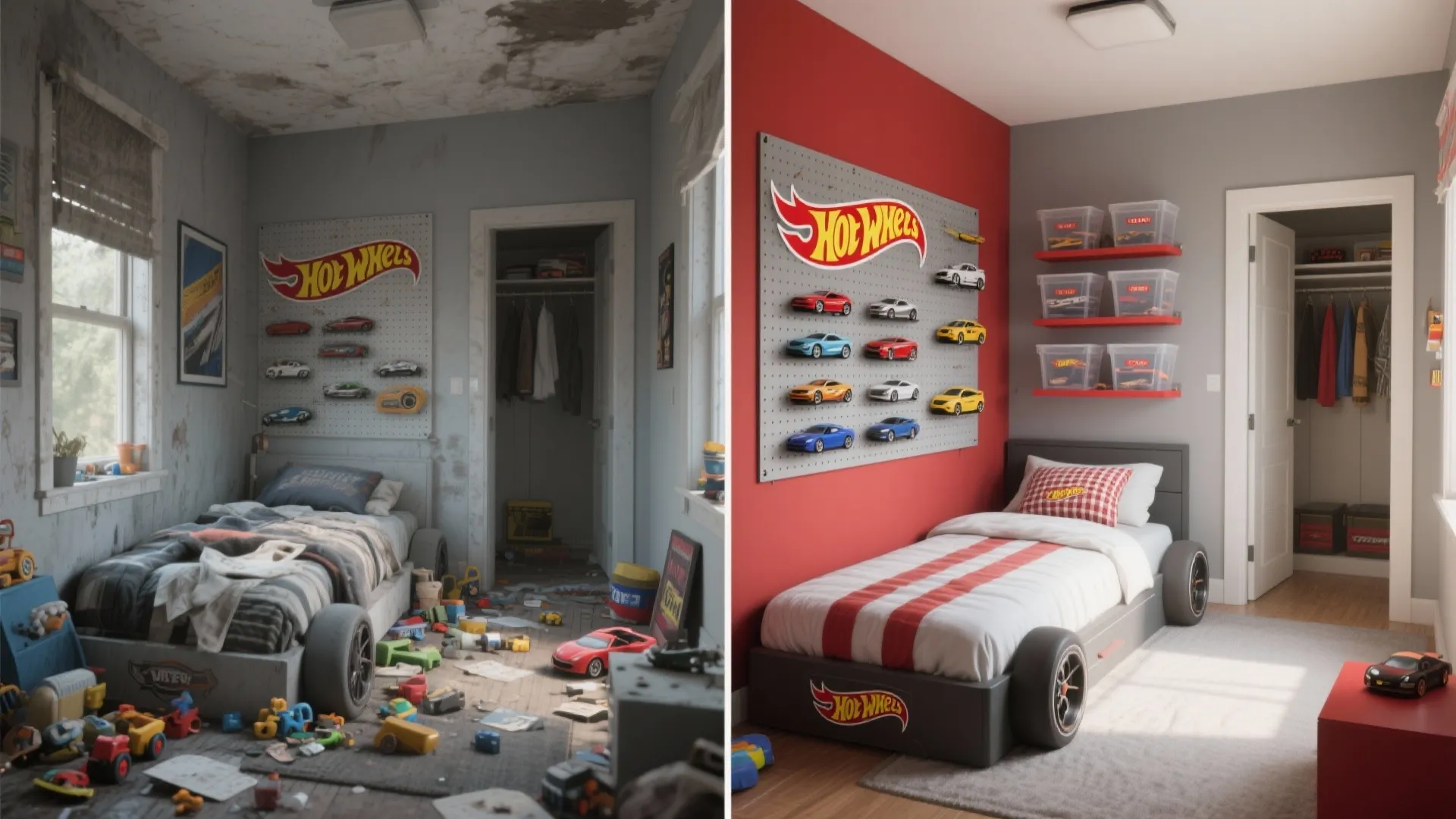 Before and after comparison of a messy kids room and a clean race car themed bedroom