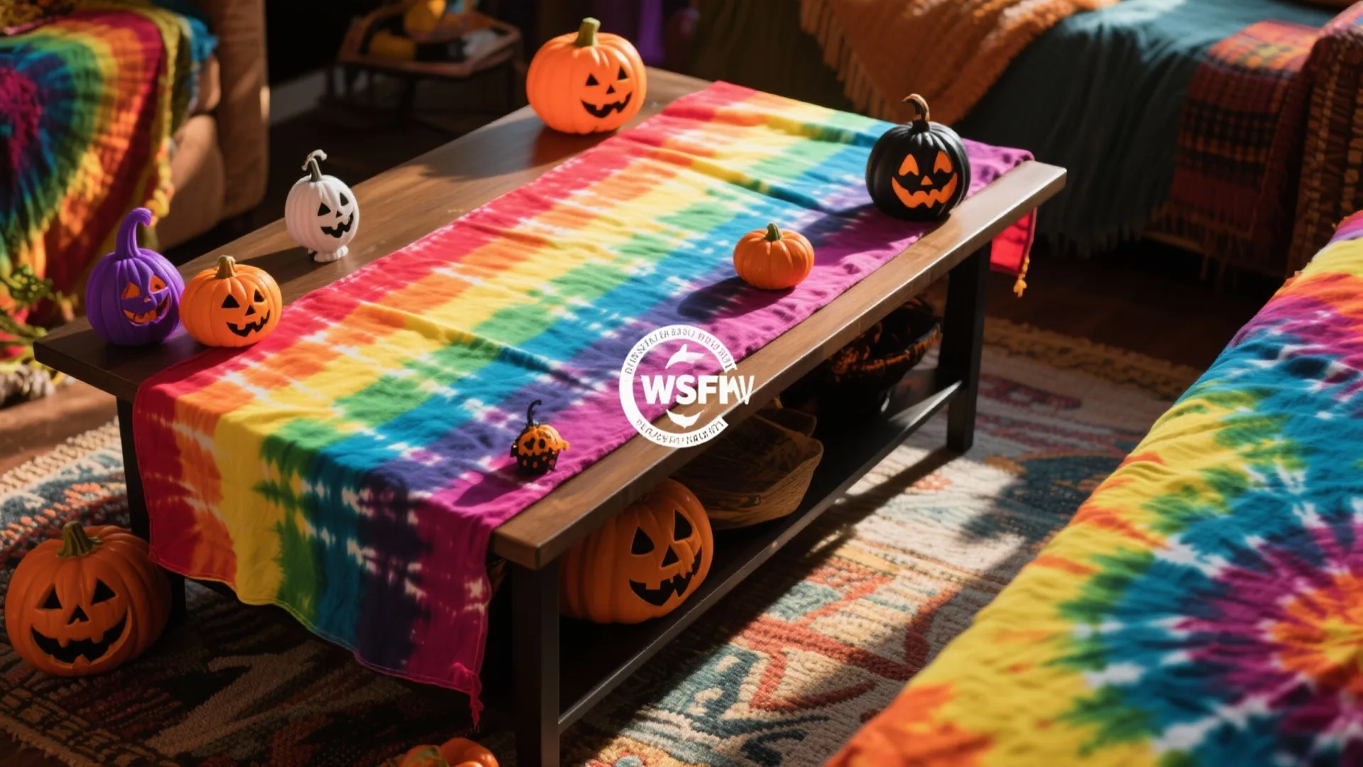 Wooden coffee table with colorful tie dye cloth runner and several carved orange and purple pumpkins
