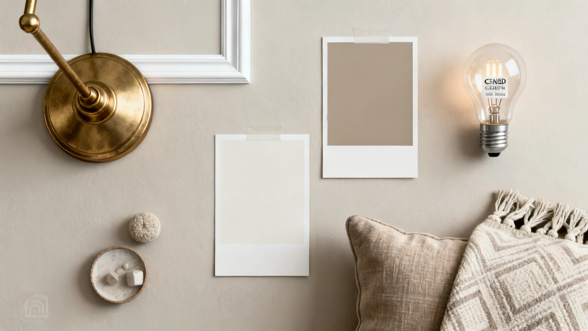 Two neutral color swatches taped to wall with brass lamp light bulb pillow and small dish