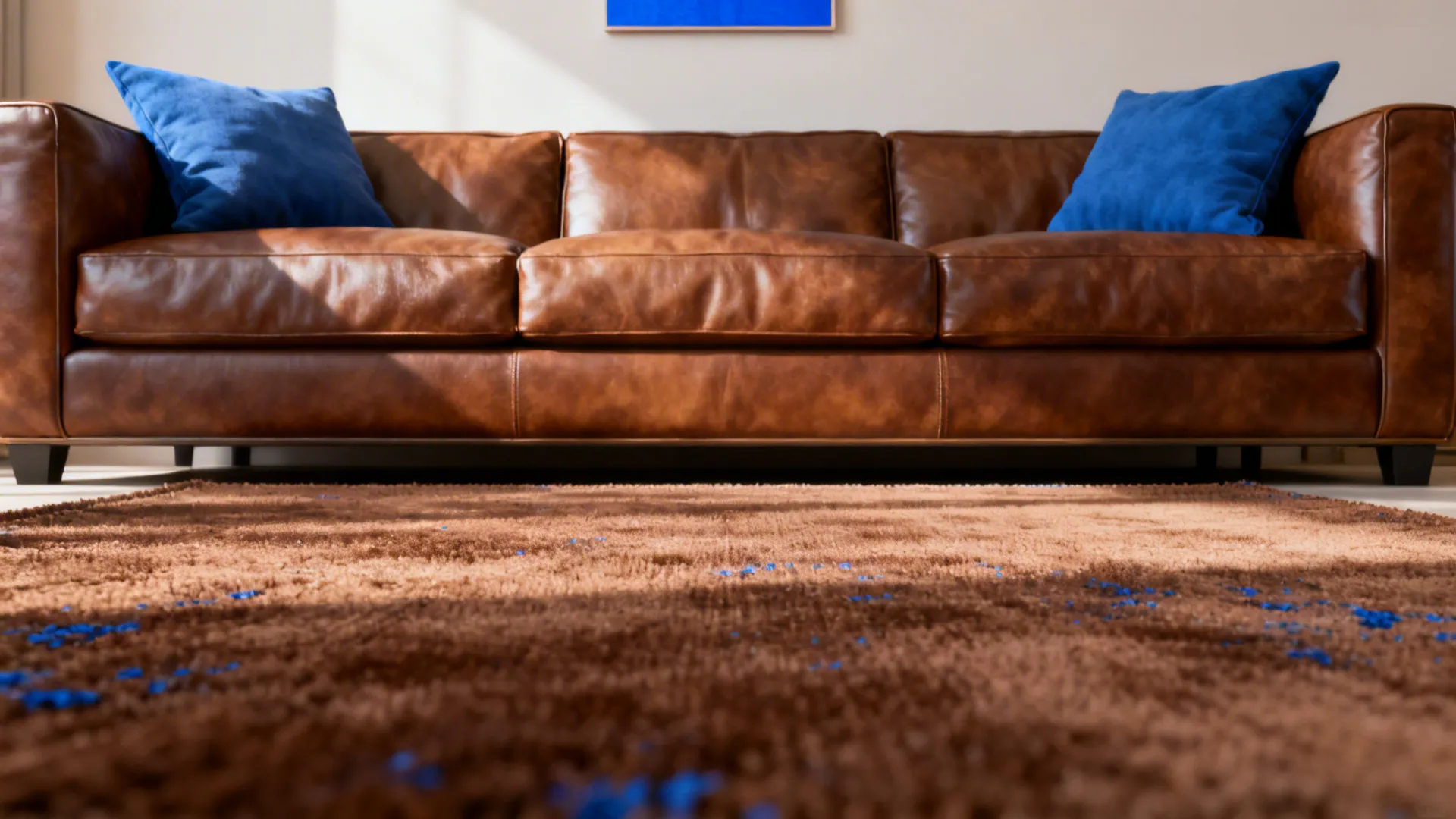 Brown leather sofa with two blue pillows placed on a large brown rug with sunlight