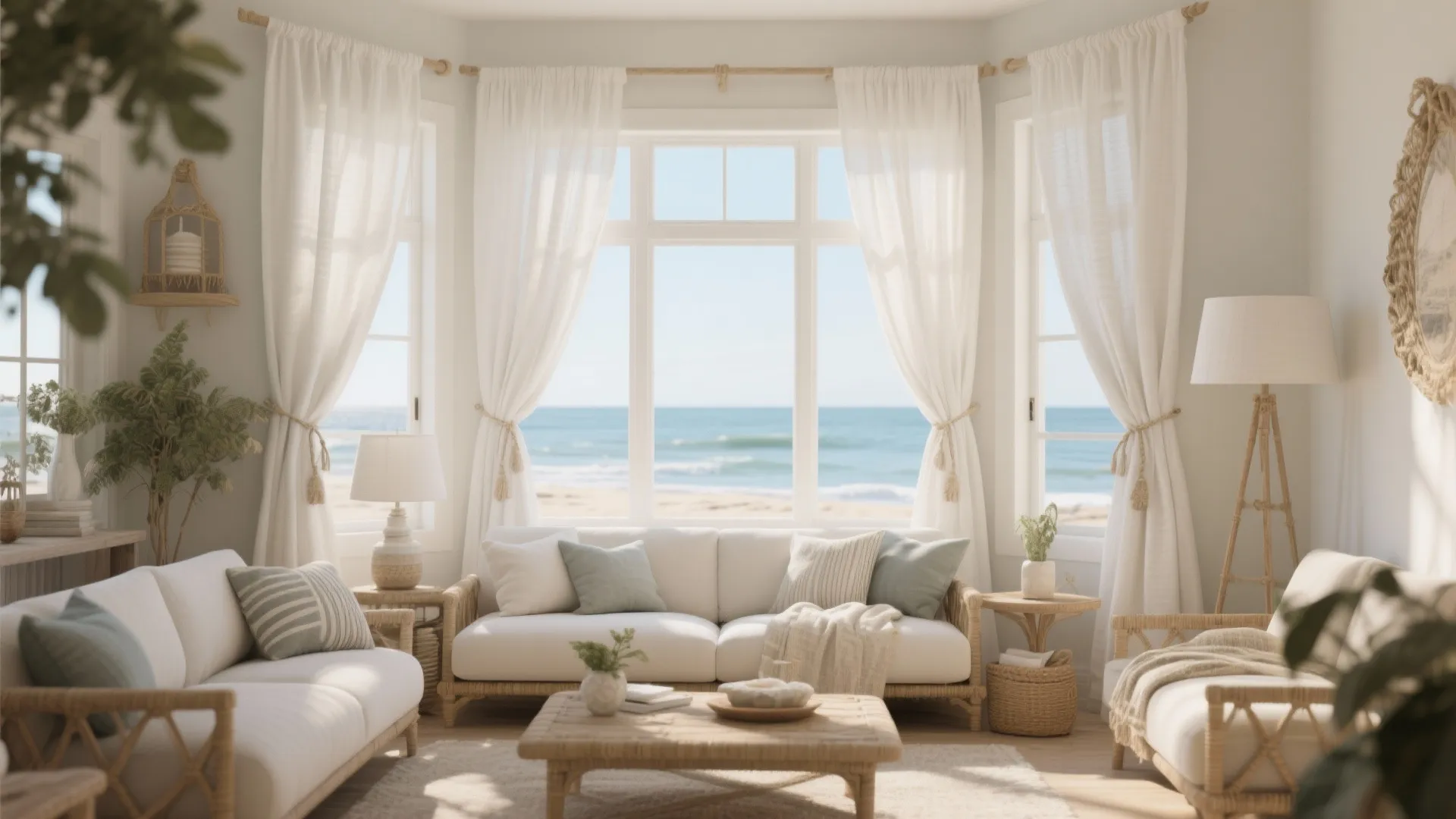 Bright coastal living room featuring white tie top curtains white sofa and beautiful ocean view