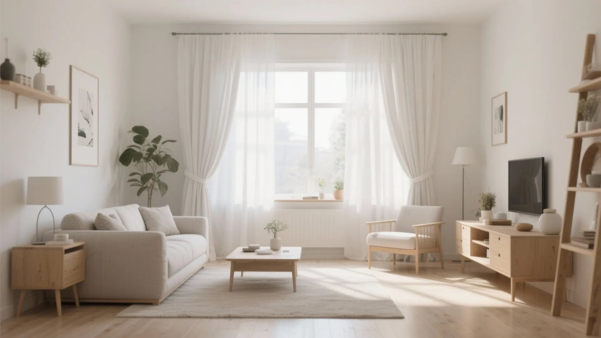 Bright minimal living room with white sofa wooden furniture and white curtains tied at the sides