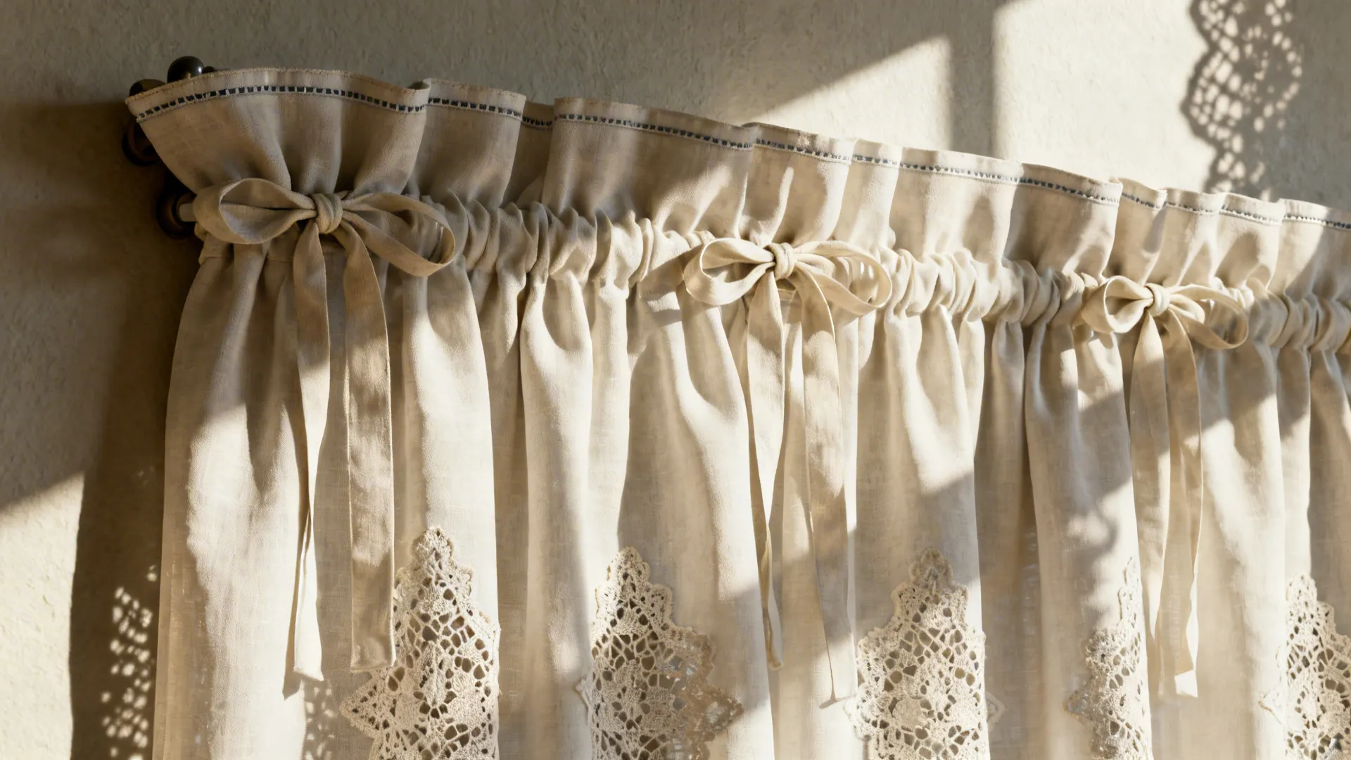 Tie-top curtains with lace insets showing ties and lace light patterns.