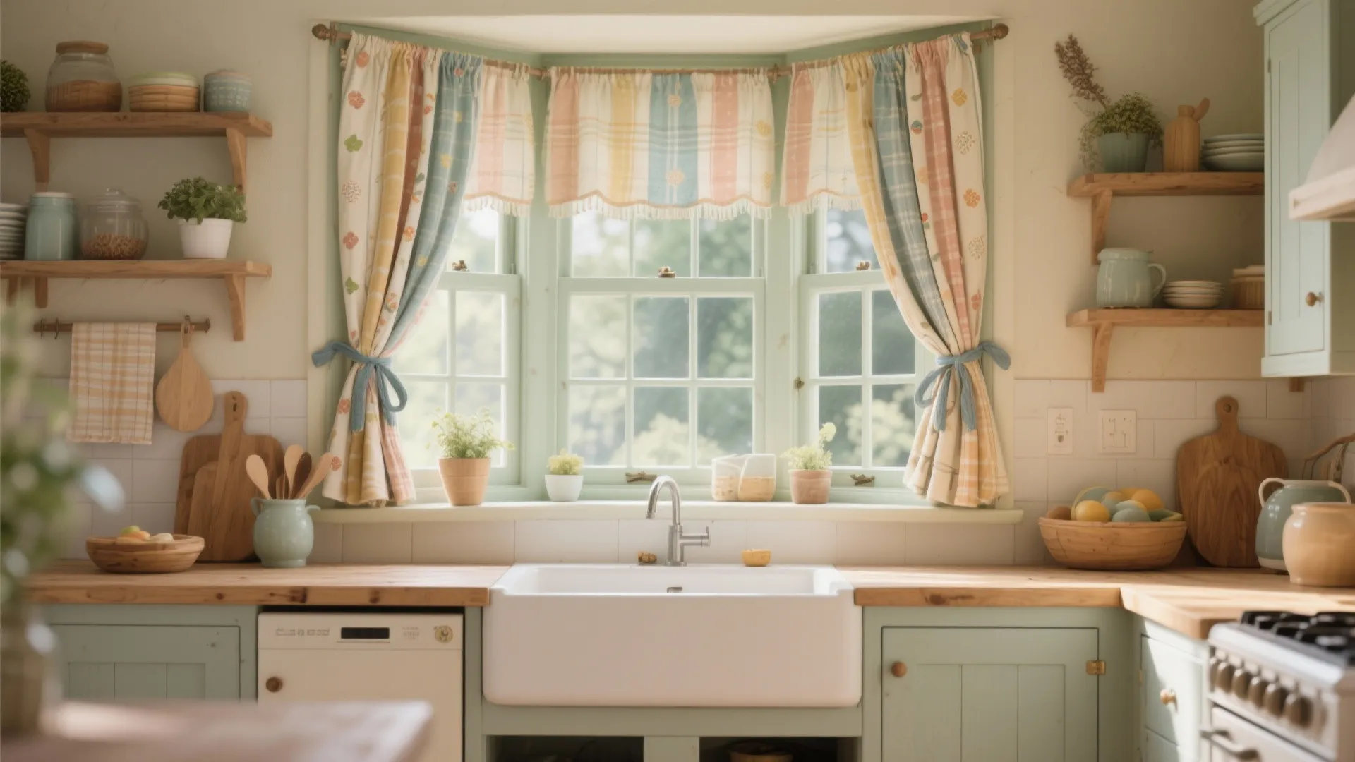 Casual tie-up shades in a bright kitchen bay window