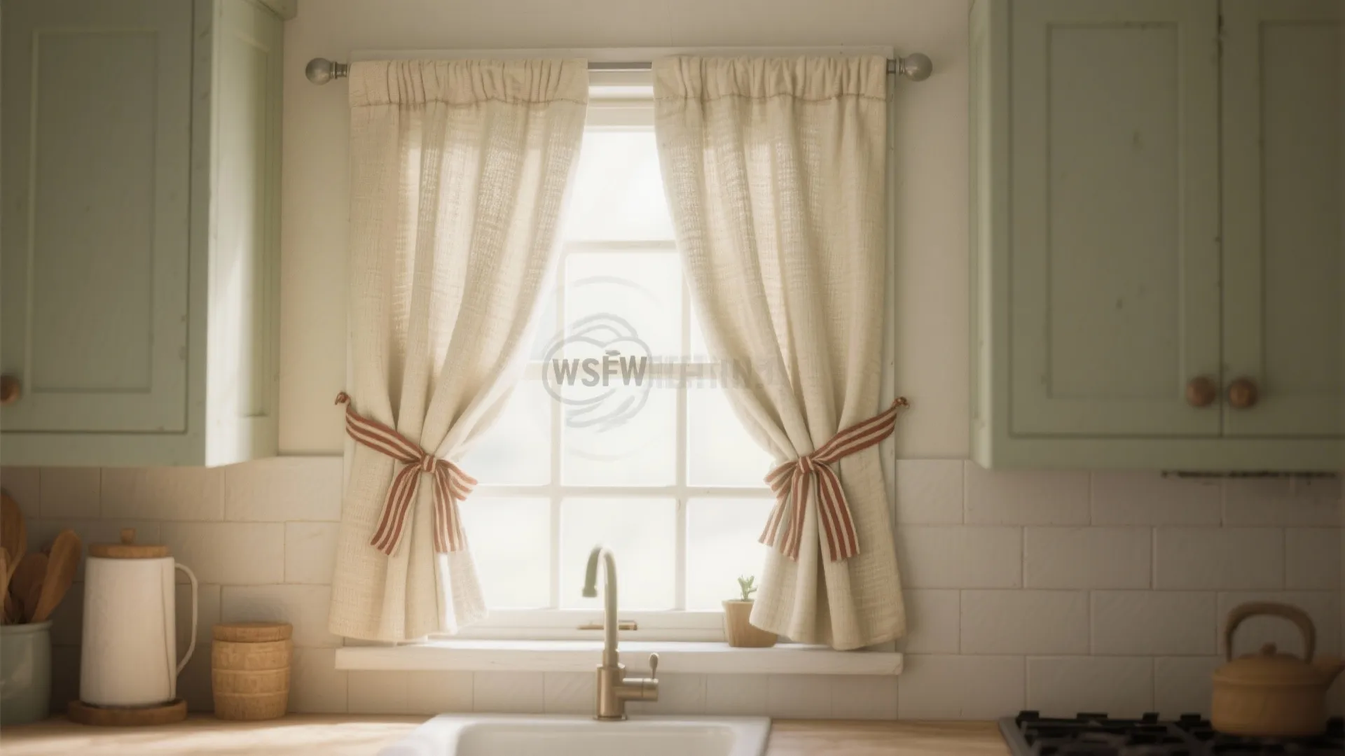 Tie-up shades with contrasting ribbons in a cozy kitchen