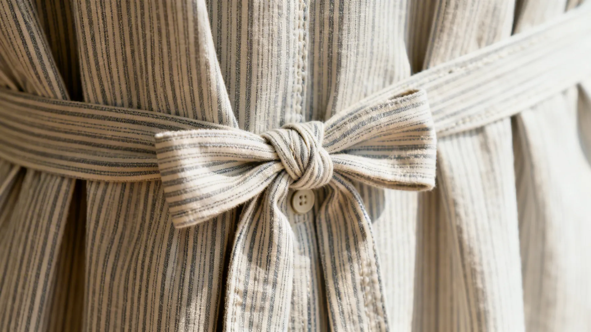 Striped fabric tied into a neat bow with a small white button on a light surface