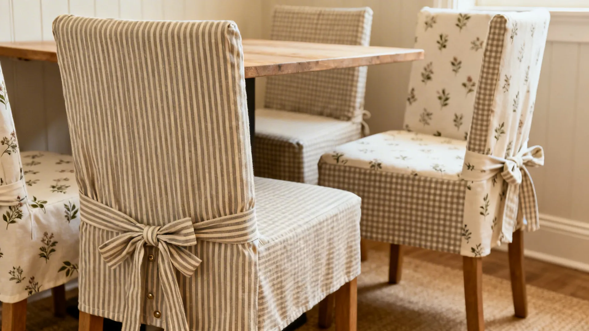 Dining chairs featuring striped and floral fabric covers with bows next to a wood dining table