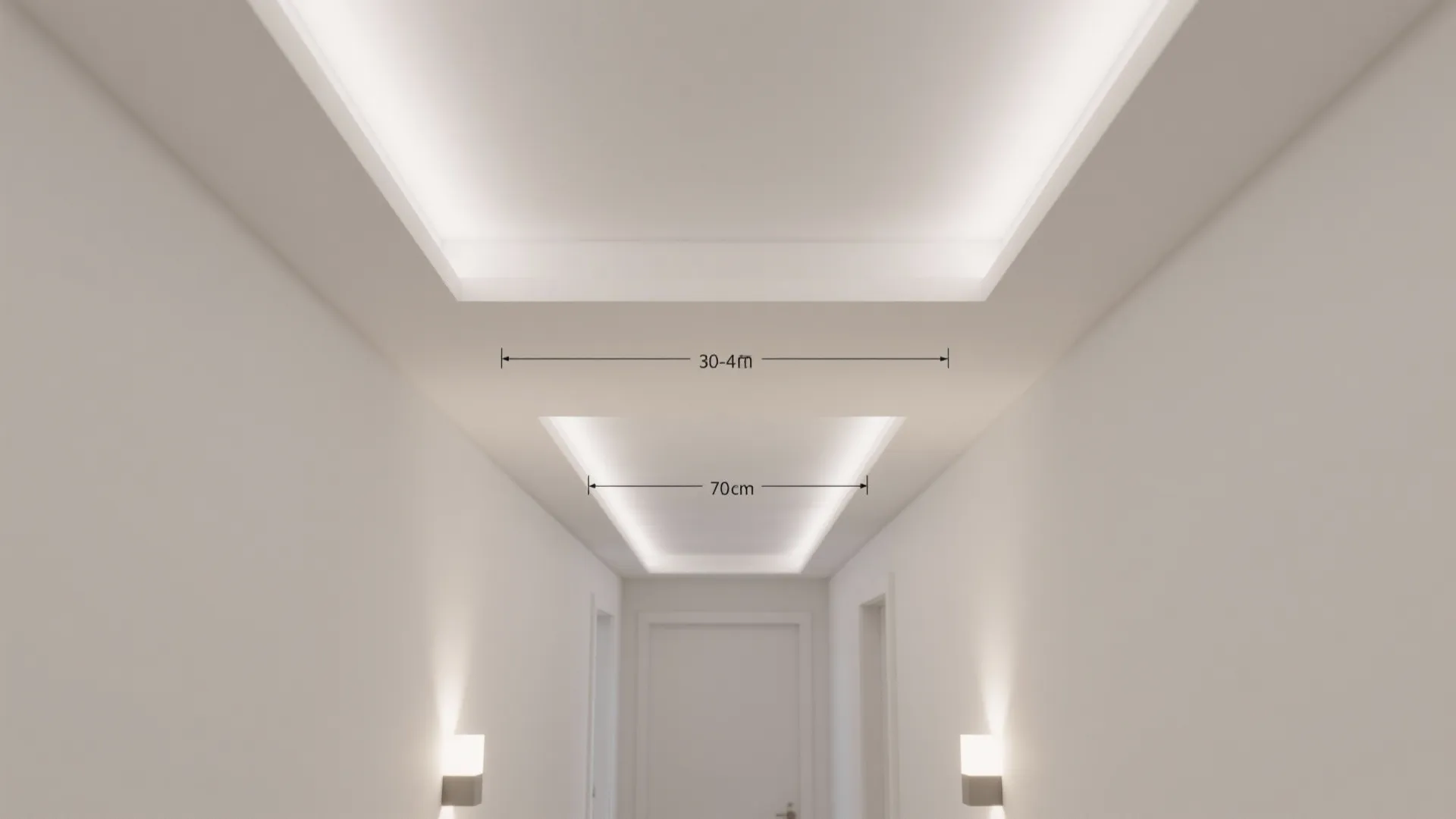 Layered ceiling frames to visually widen a narrow hall