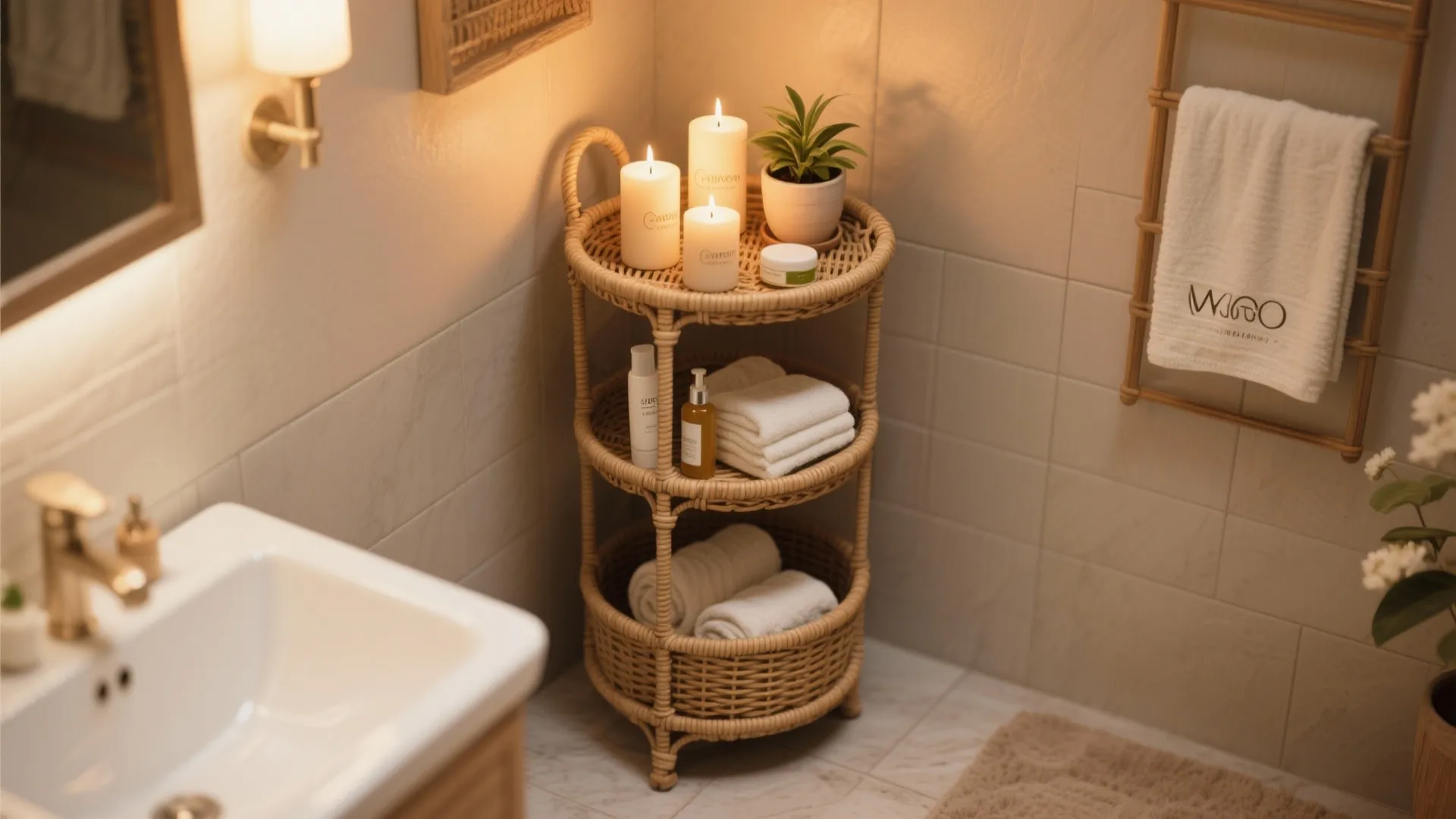 Three tiered woven basket stand with candles towels and small plant in a warm bathroom