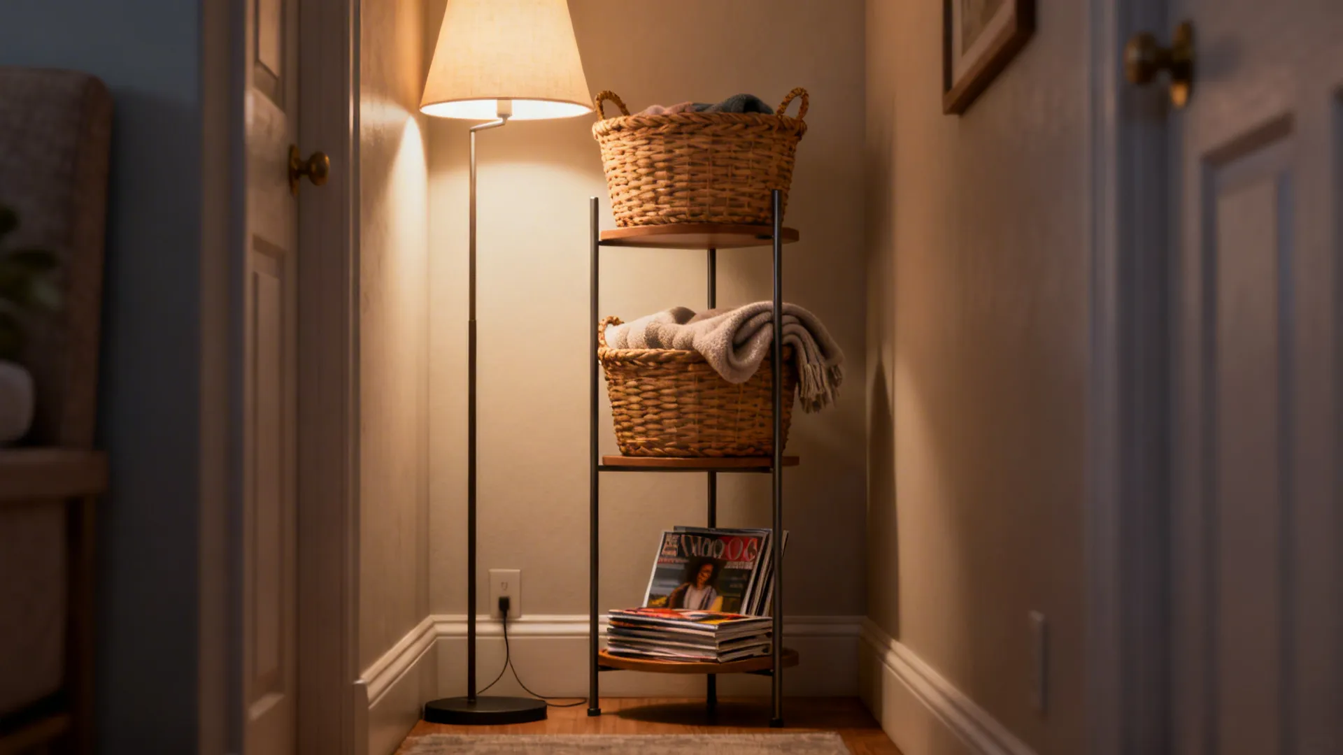 Slim tiered basket stand with two baskets and magazines beside a reading lamp in a narrow living area.