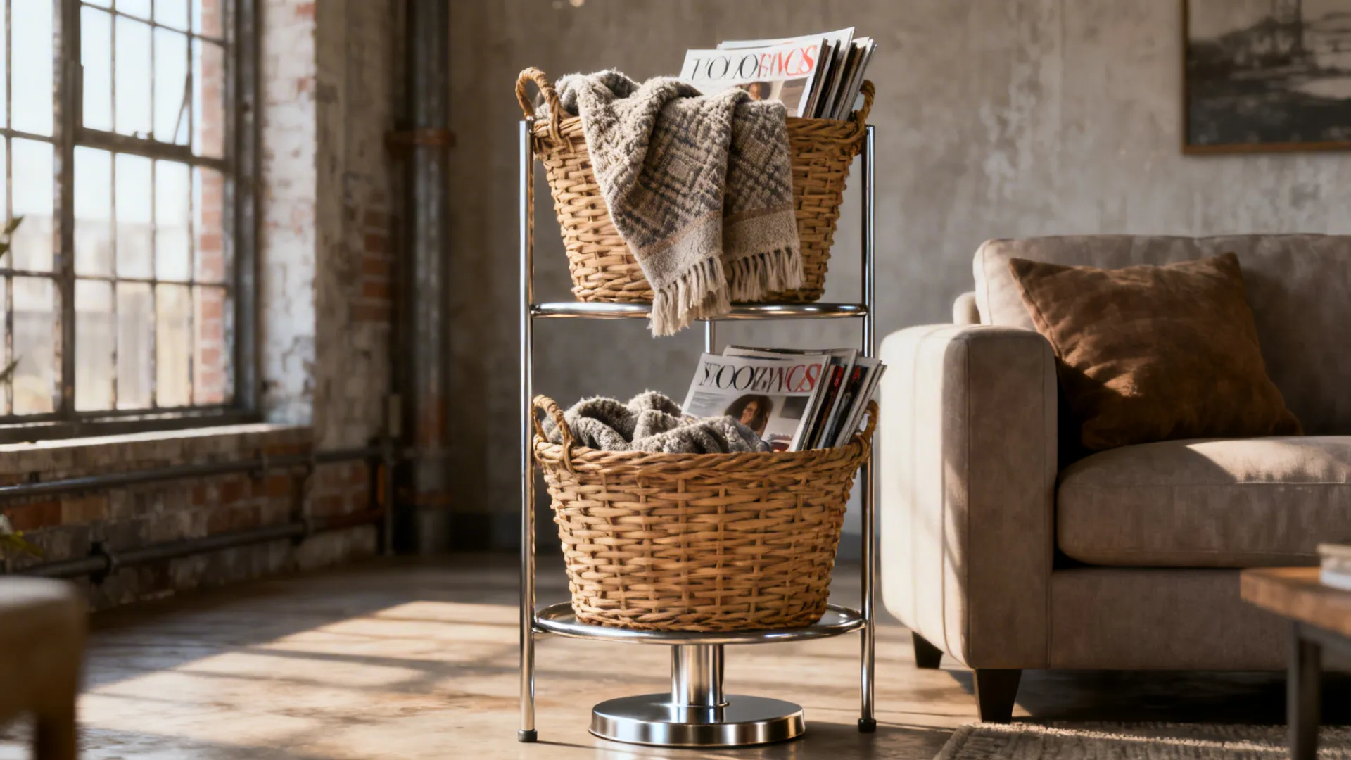 Metal-frame tiered basket stand displaying woven baskets with textured throws in a loft living room.