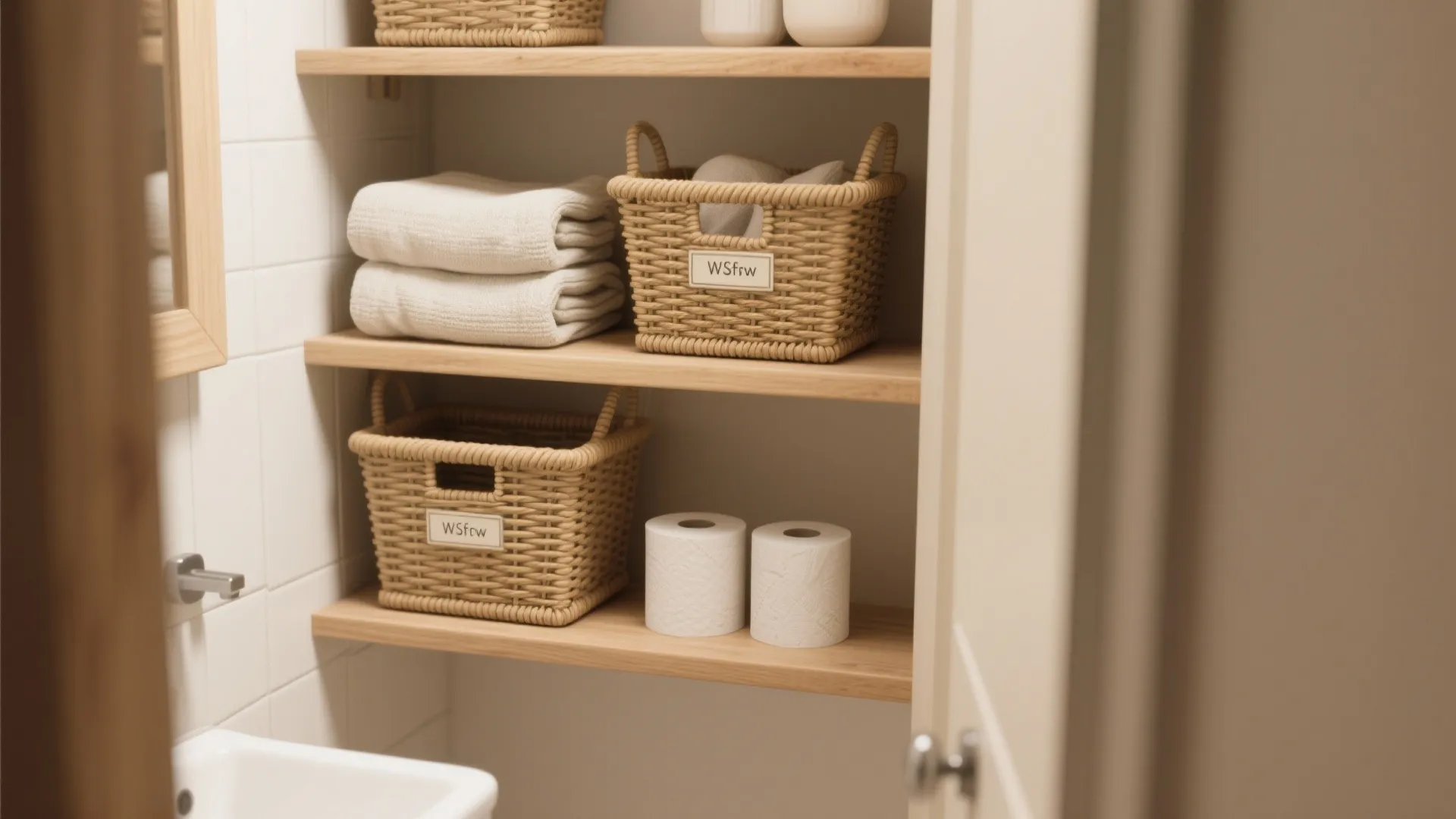 Wooden wall shelves holding woven storage baskets white towels and toilet paper in small bathroom