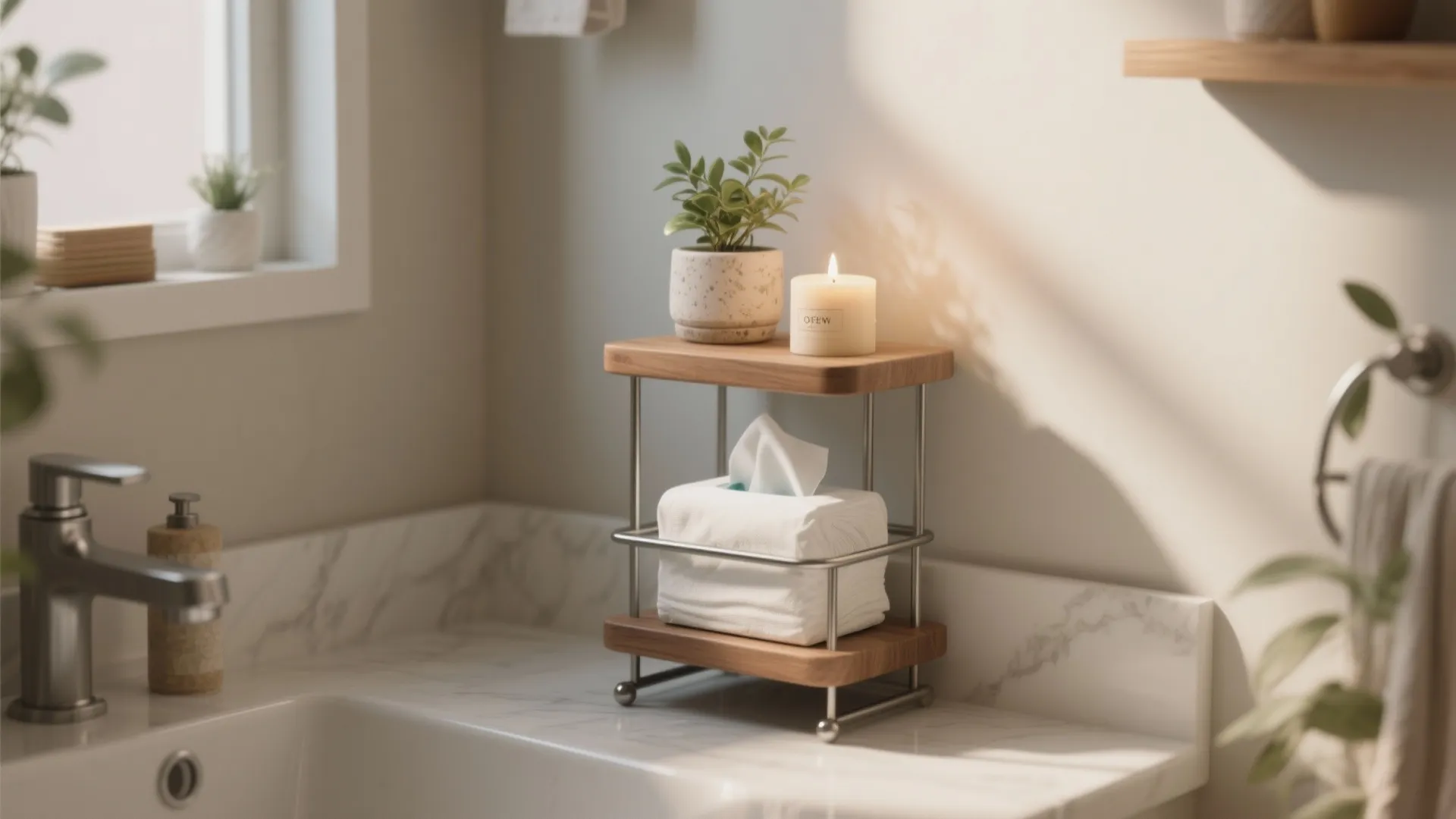 Small wooden two tier stand with tissue box candle and plant on a white counter