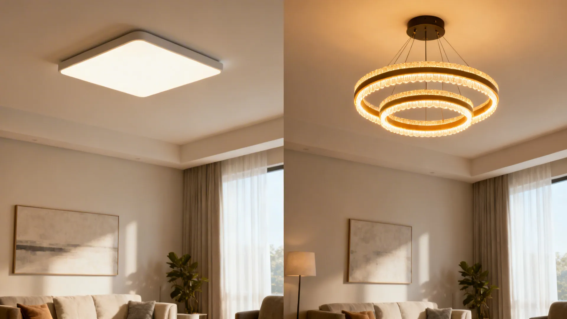 Before-and-after showing a plain ceiling light replaced by a tiered ring jhoomar with warm layered light.