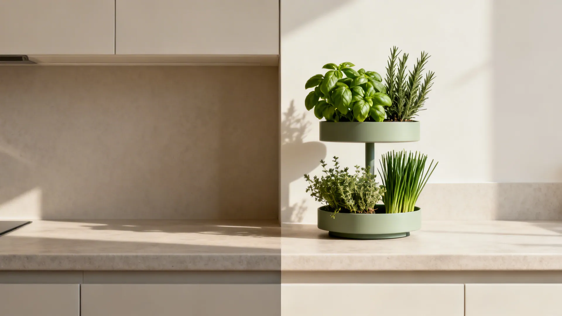 Before-and-after of a narrow countertop transformed by a two-tier herb garden.