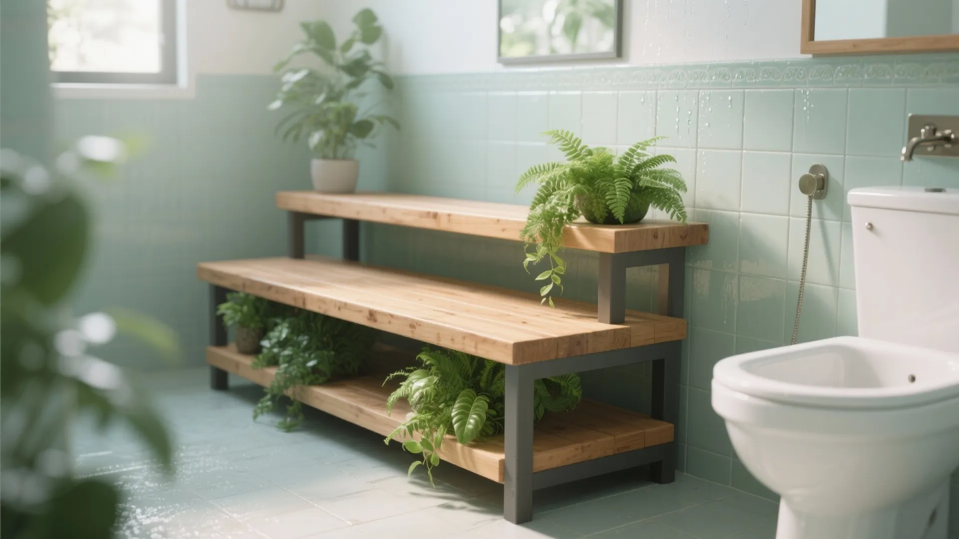 Modern bathroom with tiered wooden bench holding green plants next to a white toilet seat