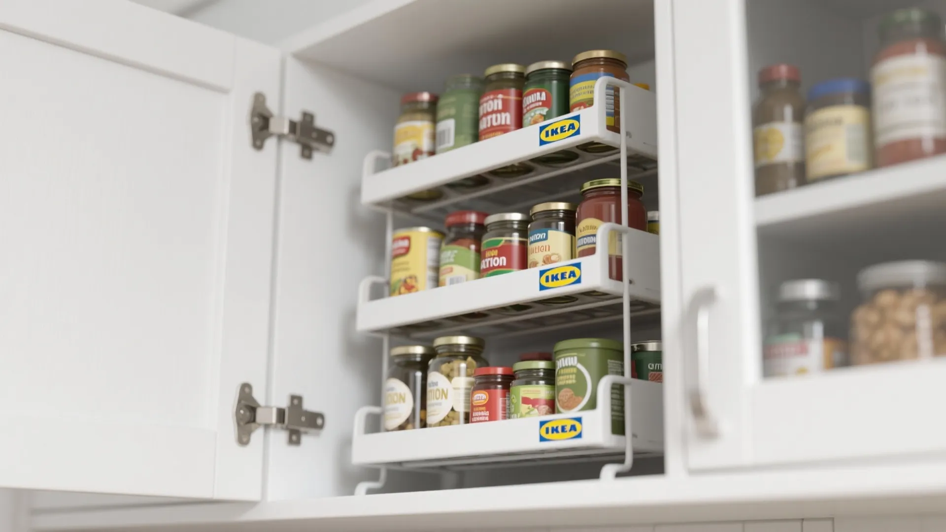 White kitchen cabinet interior showing a three tiered metal rack holding various spice jars and