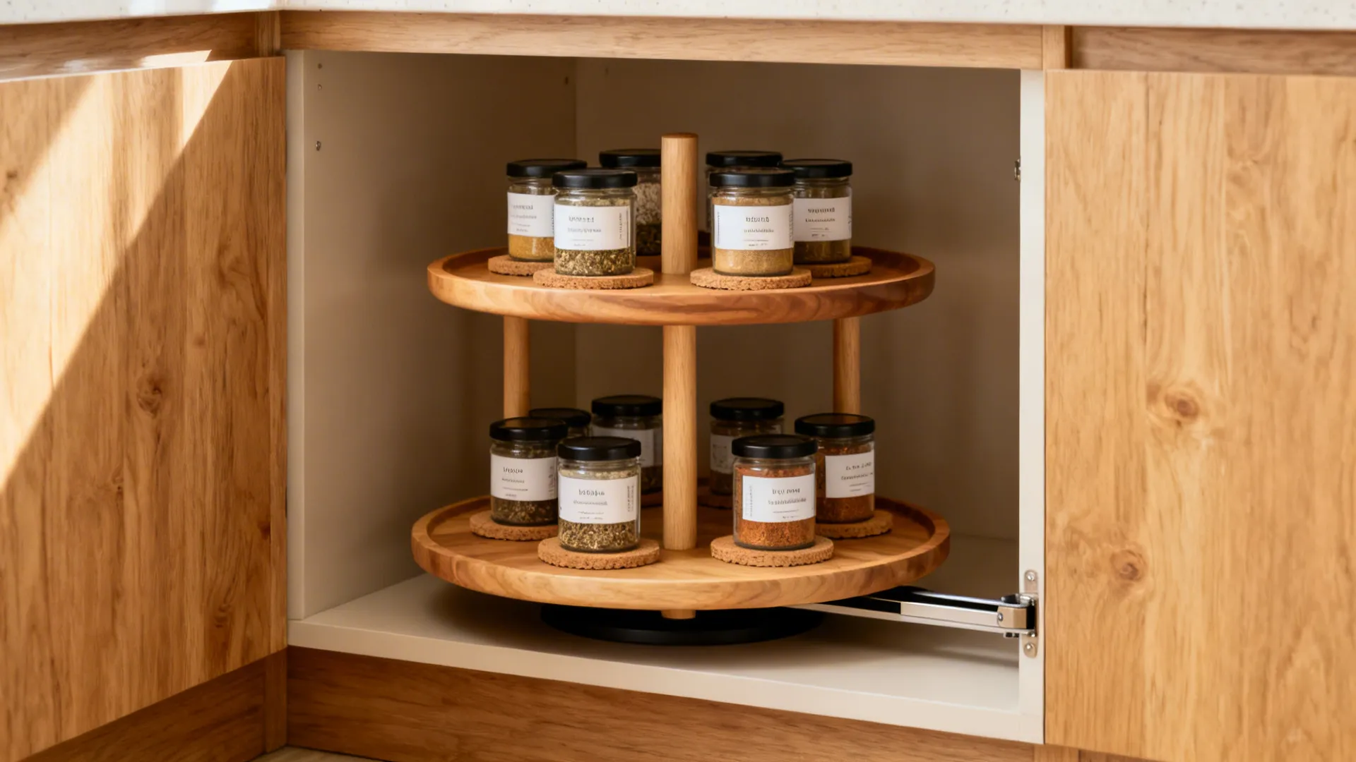 Two-tier wooden spice caddy with labeled jars on a hidden turntable.
