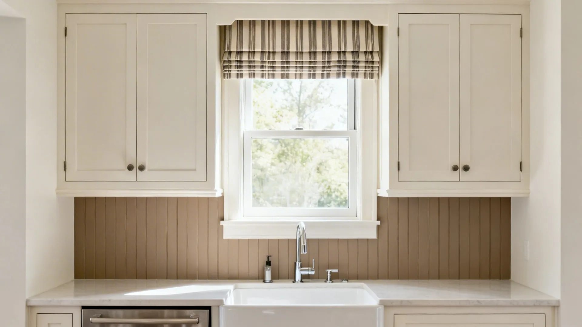 Short kitchen window with solid café panels and a slim striped valance.