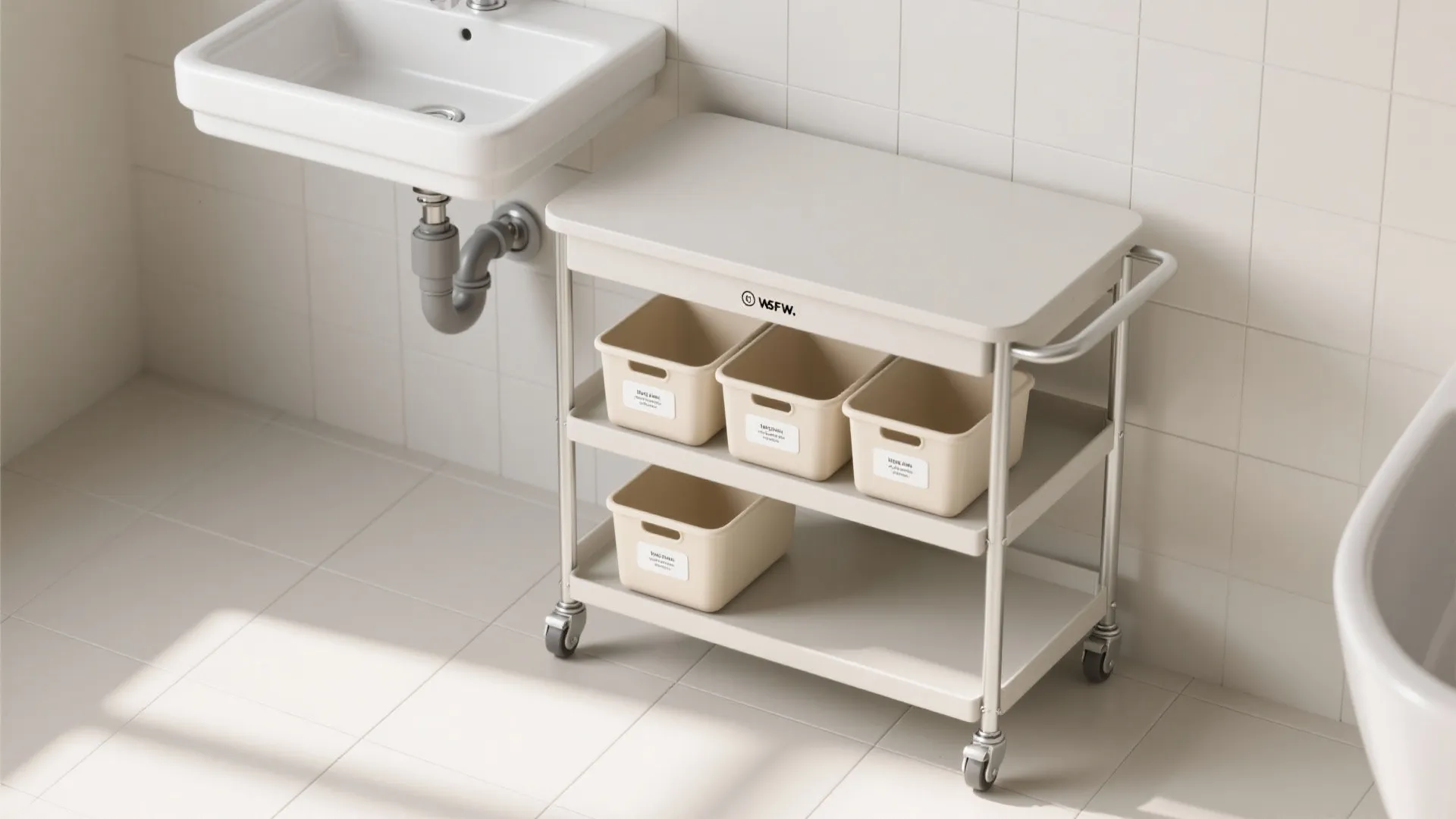 Top-down view of a two-tier rolling cart tucked under a wall-hung sink with clearances.