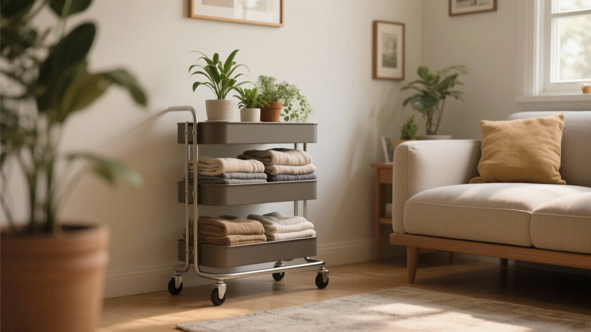Grey three tier rolling storage cart with potted plants and folded blankets next to beige sofa