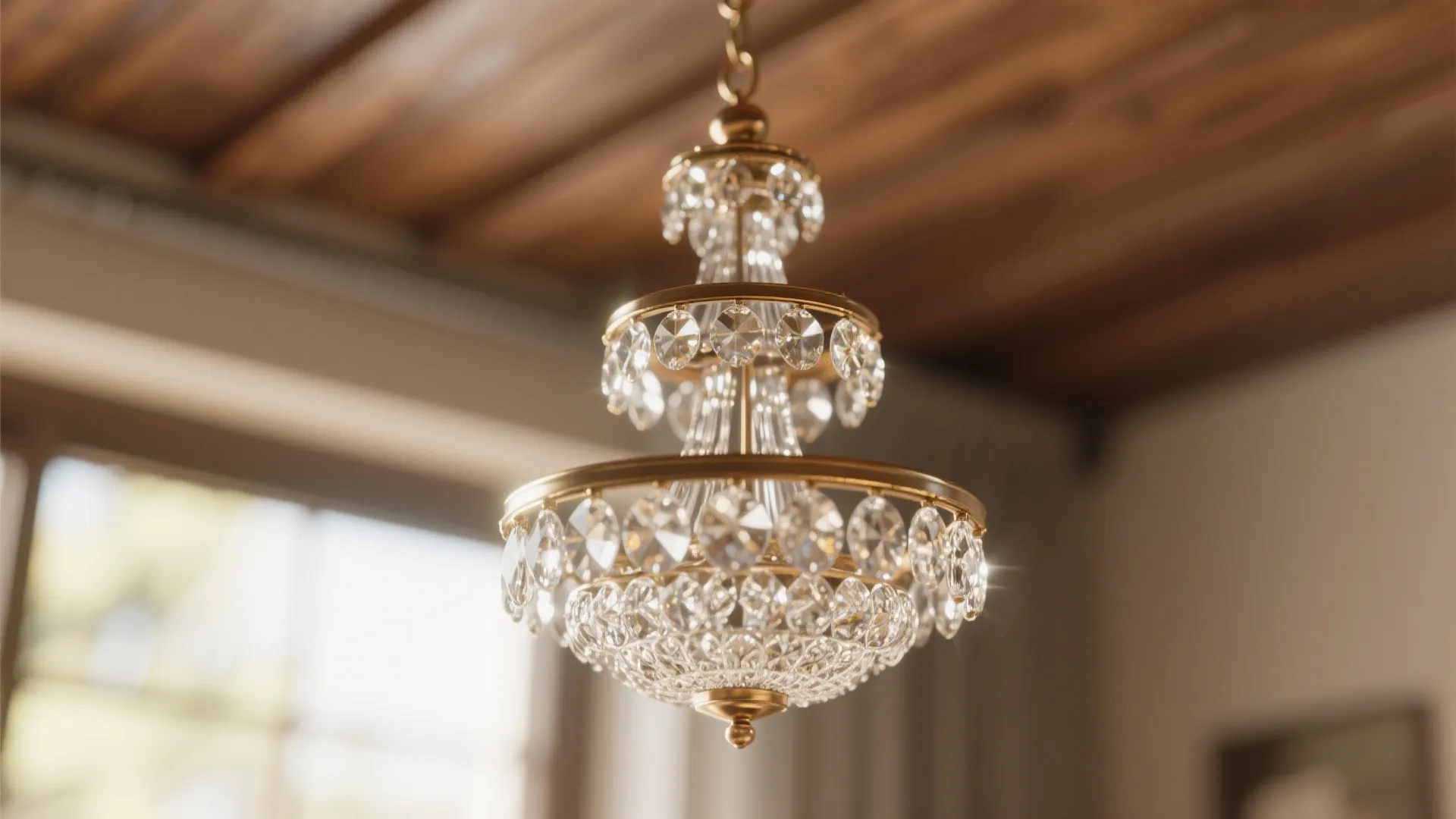 Close-up of a miniature tiered chandelier showing crystal tiers and brass fittings