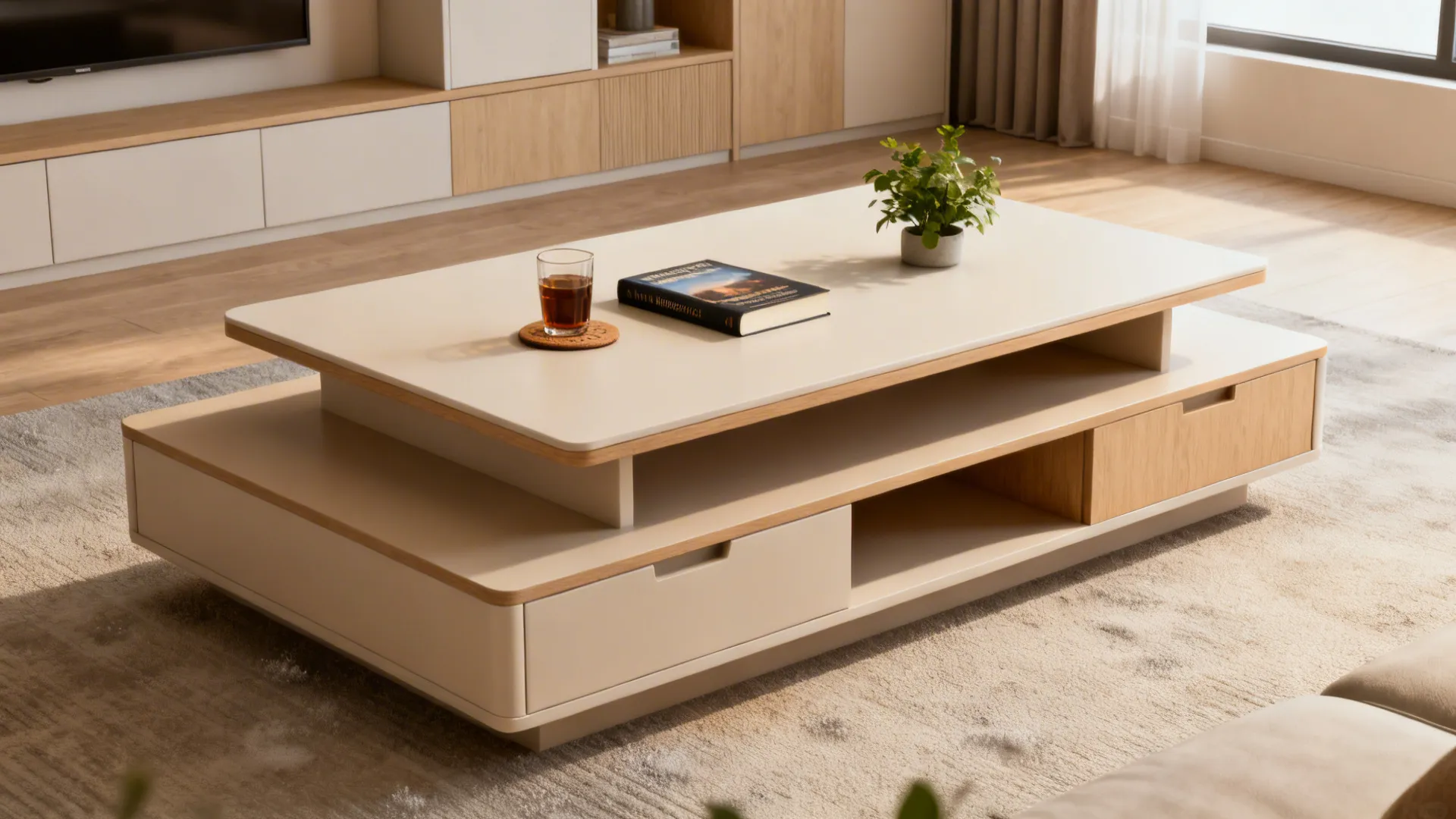 Multi-level tiered coffee table in a small studio living room with staggered surfaces.