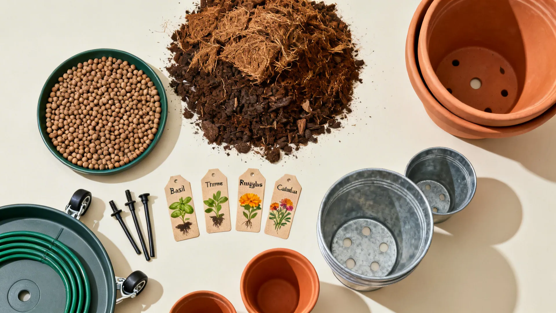 Flat lay of coco coir mix, fertilizer, drip parts, caster saucers, and pots for tiered herbs and flowers.