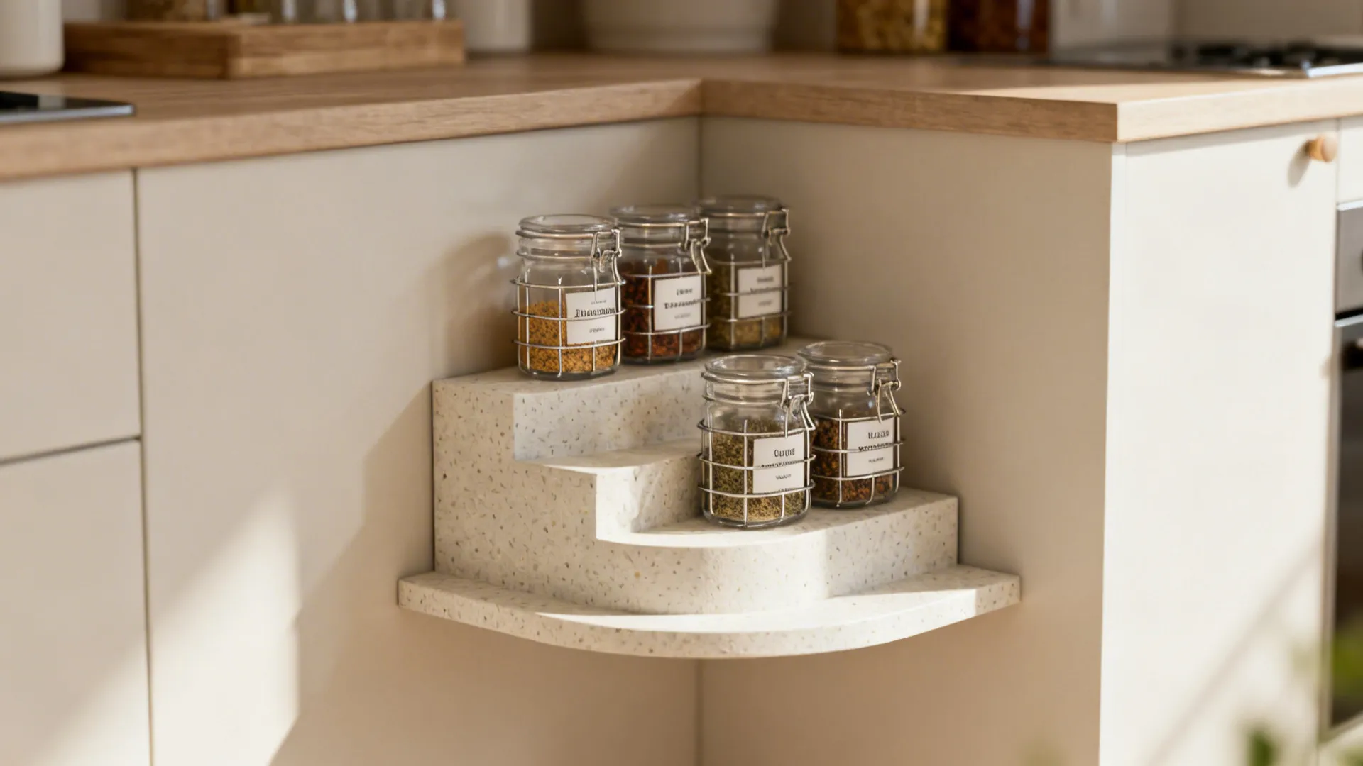 Tiered corner shelves in a tiny kitchen displaying clear spice jars in a terrace arrangement.