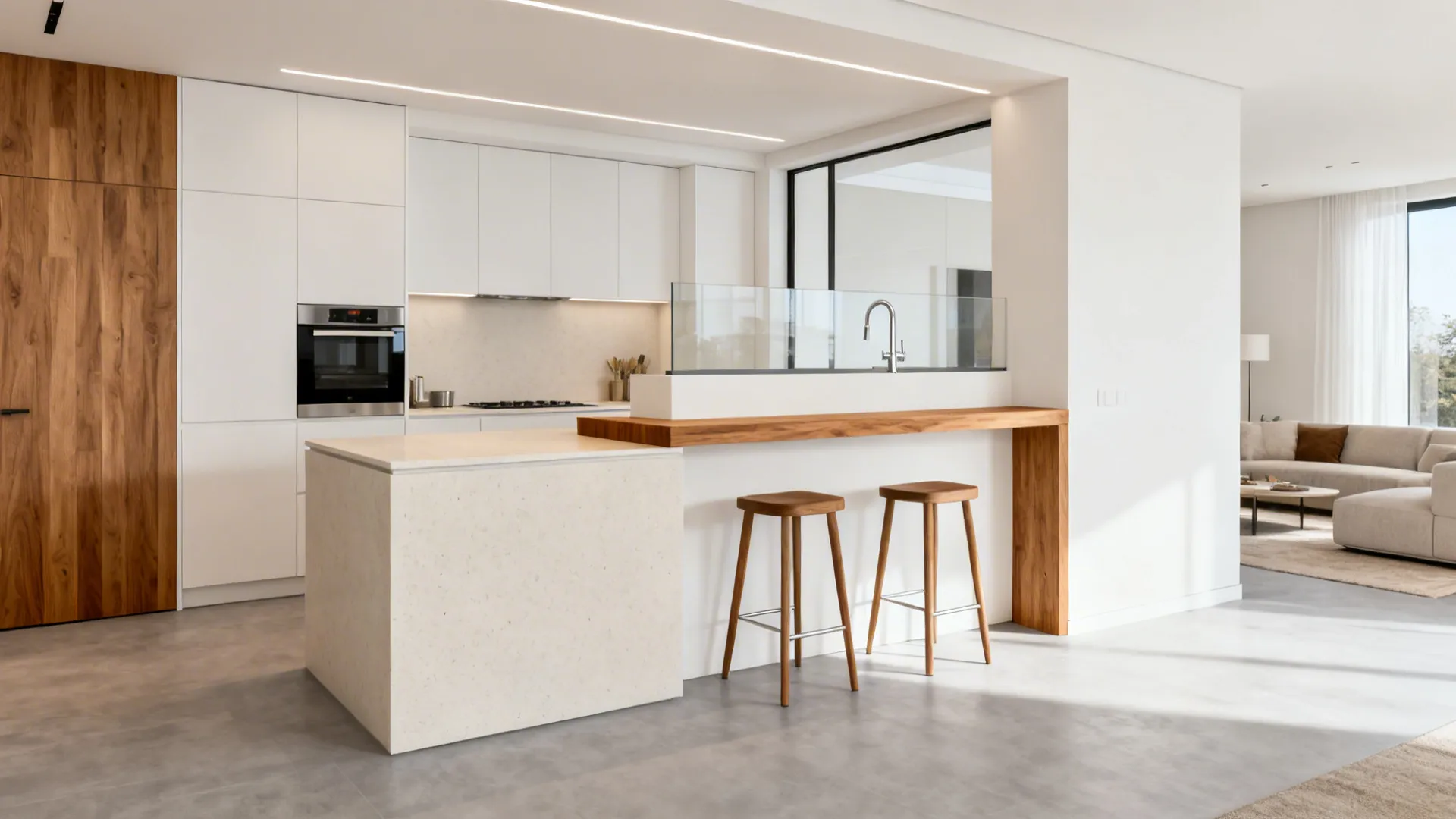 Tiered kitchen island with wooden breakfast bar and stools plus sink and open living room view