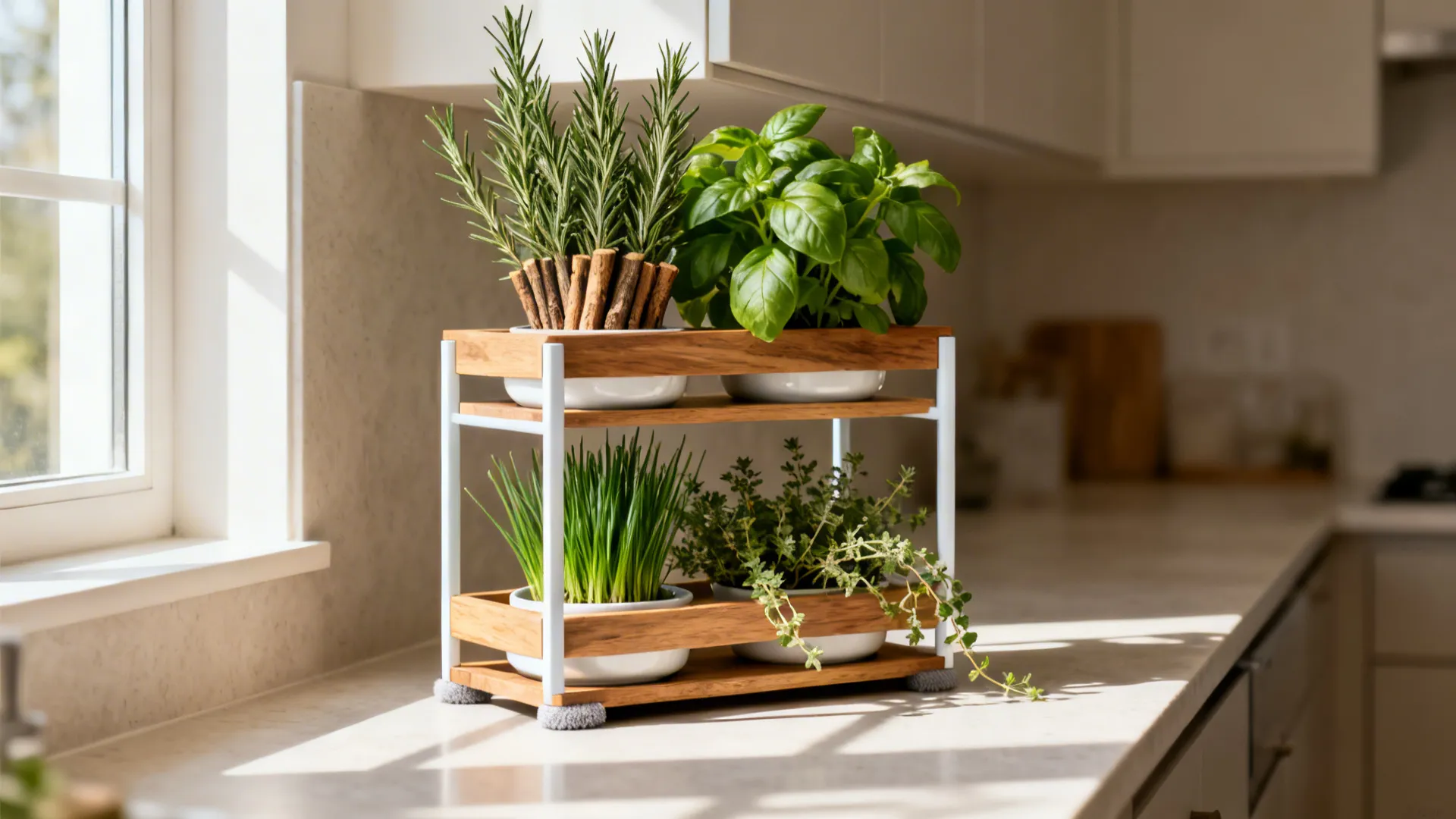 Two-tier herb stand on a narrow countertop with taller herbs above and low growers below.