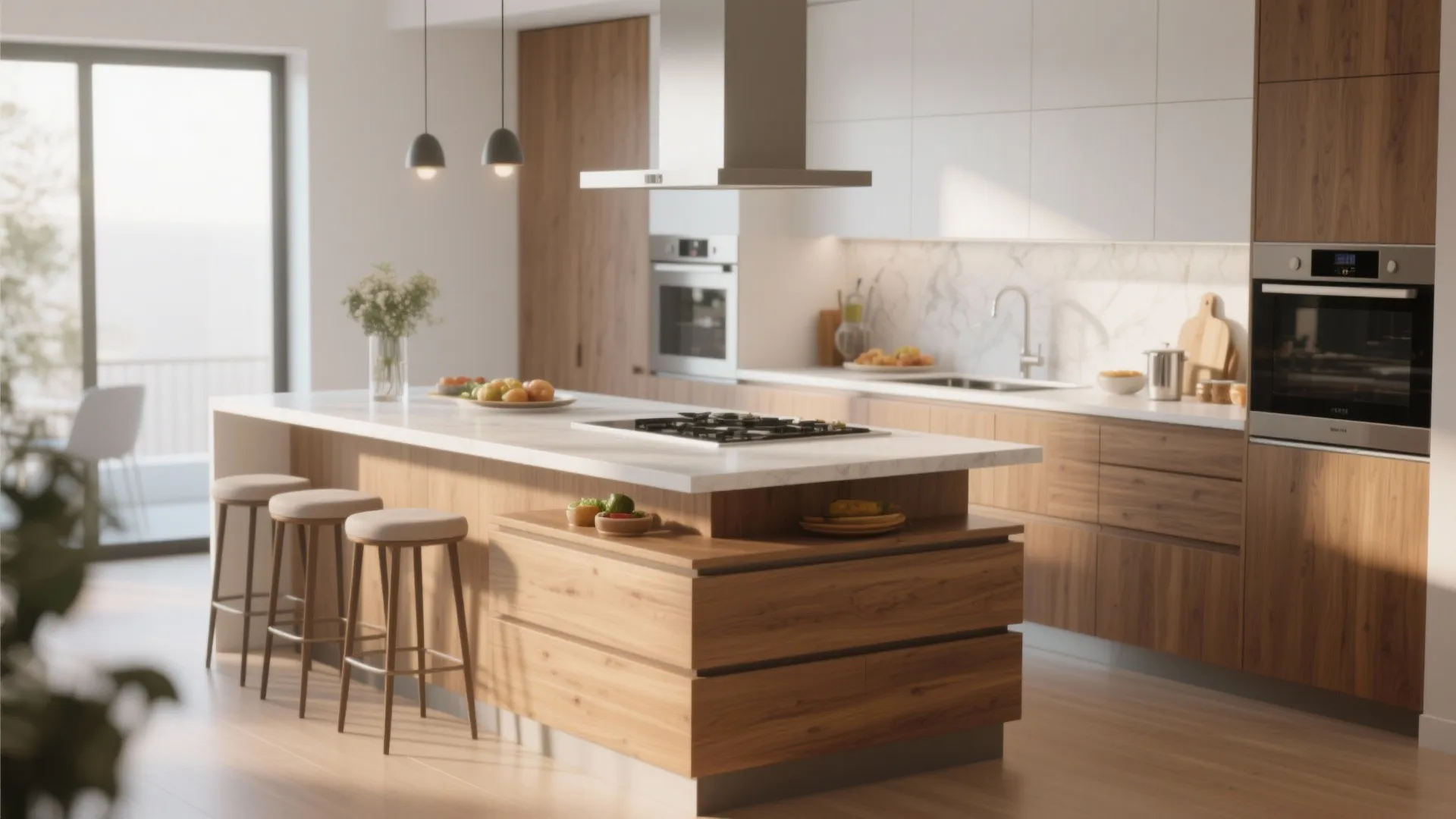 Large wooden kitchen island with white stone counter top three tall stools and modern silver oven