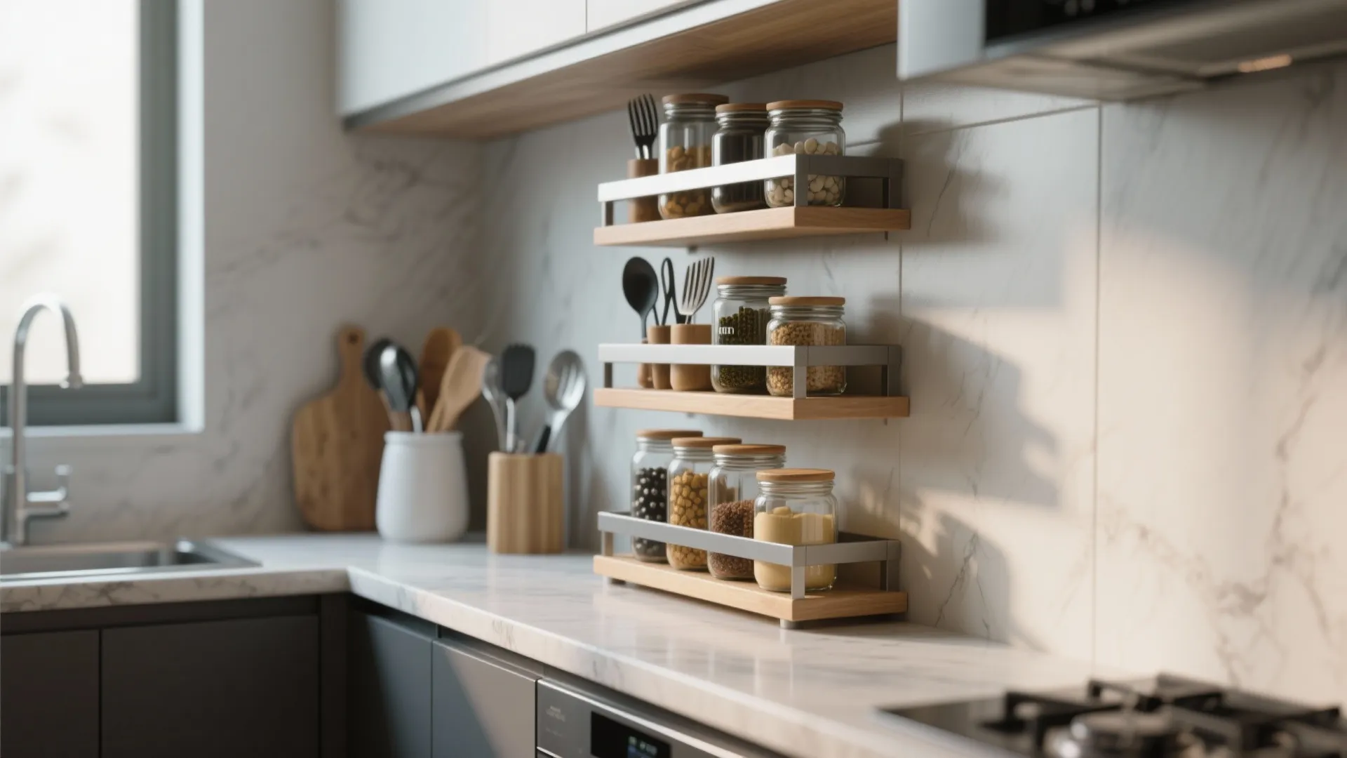 Three tiered wooden countertop shelves holding glass spice jars in a modern kitchen with marble backsplash