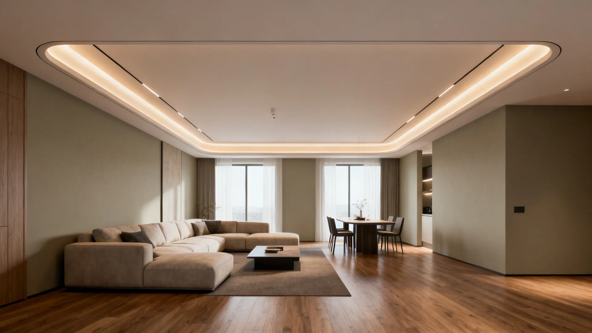 Open plan living room with large sofa, dining table, wooden floor, and rectangular ceiling light