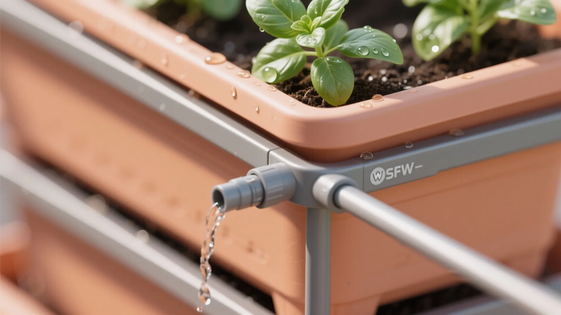 Macro of drip emitter and powder-coated frame on a tiered planter watering basil roots.