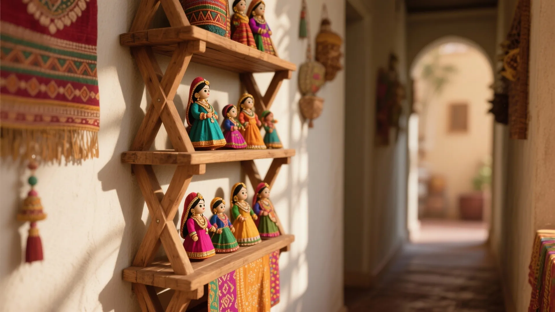 Wooden wall shelf with three levels displaying colorful traditional dolls and textile decorations in hallway