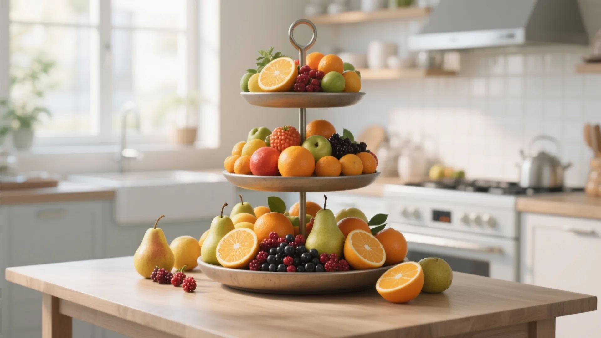 Three tiered metal fruit stand filled with oranges pears and berries on a wooden table