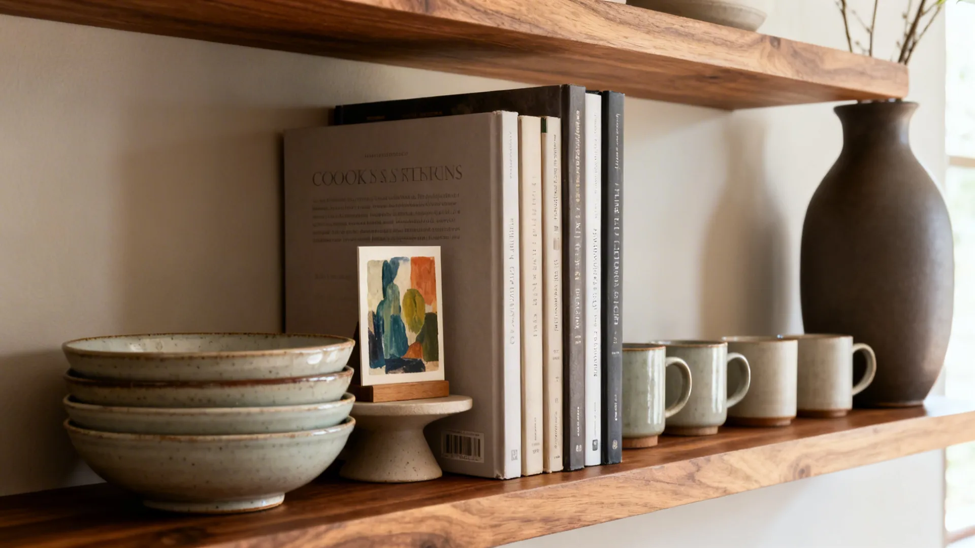 Wooden shelf holding stacked ceramic bowls books small art card several mugs and a brown vase