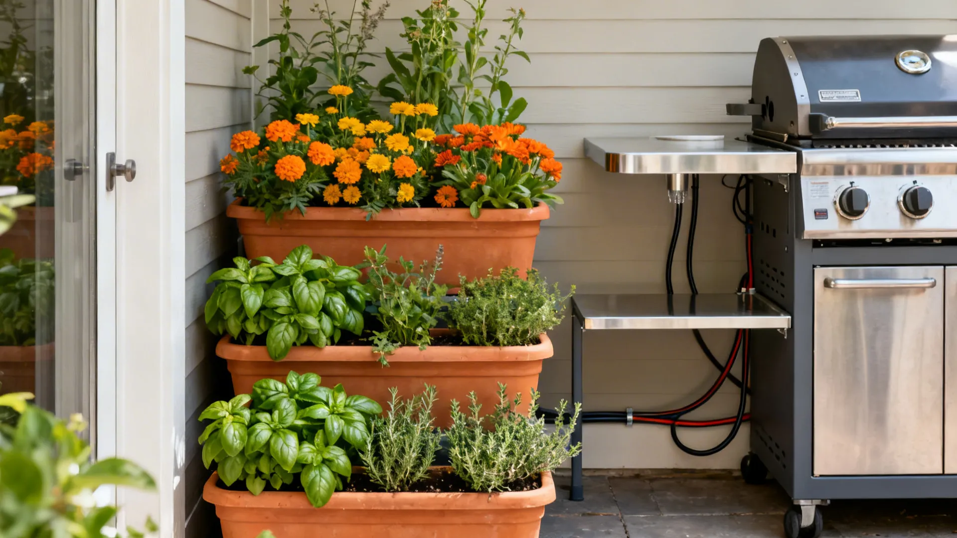 Stacked planters with basil and thyme below and marigolds and calendula above by a compact prep shelf.