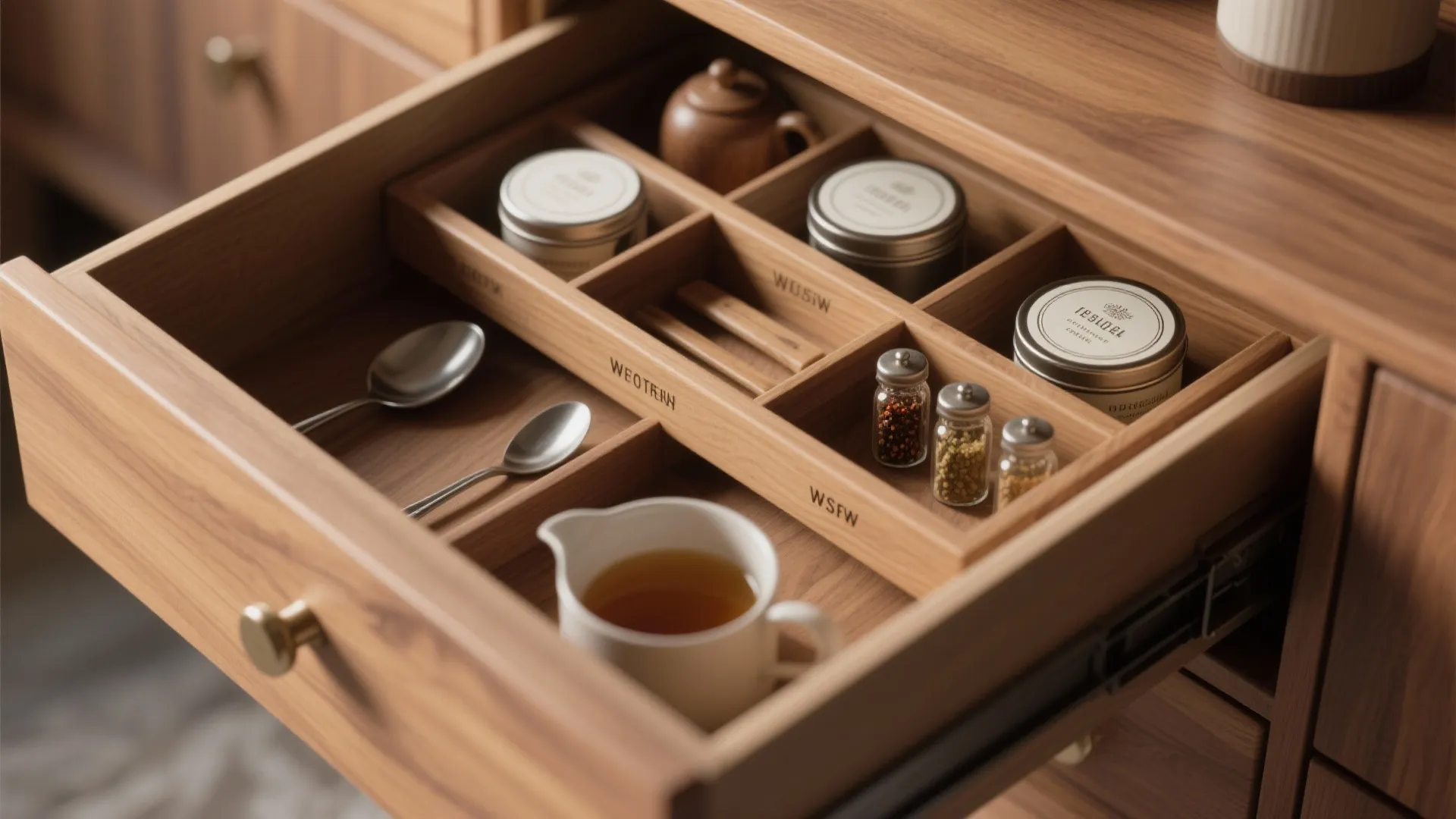 Open wooden drawer with dividers containing metal spoons tea tins and small glass spice jars