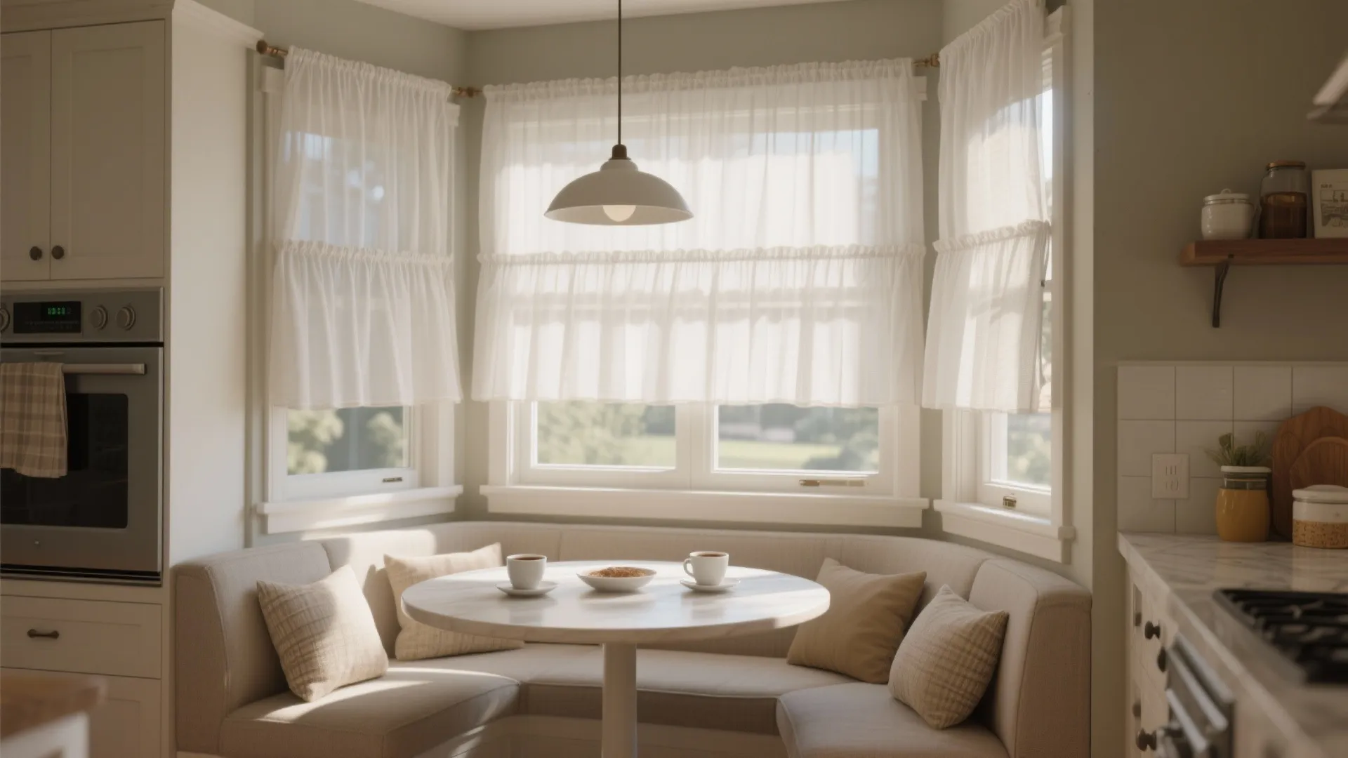 Cozy breakfast nook featuring white tiered curtains white ceiling light wooden table and soft seating