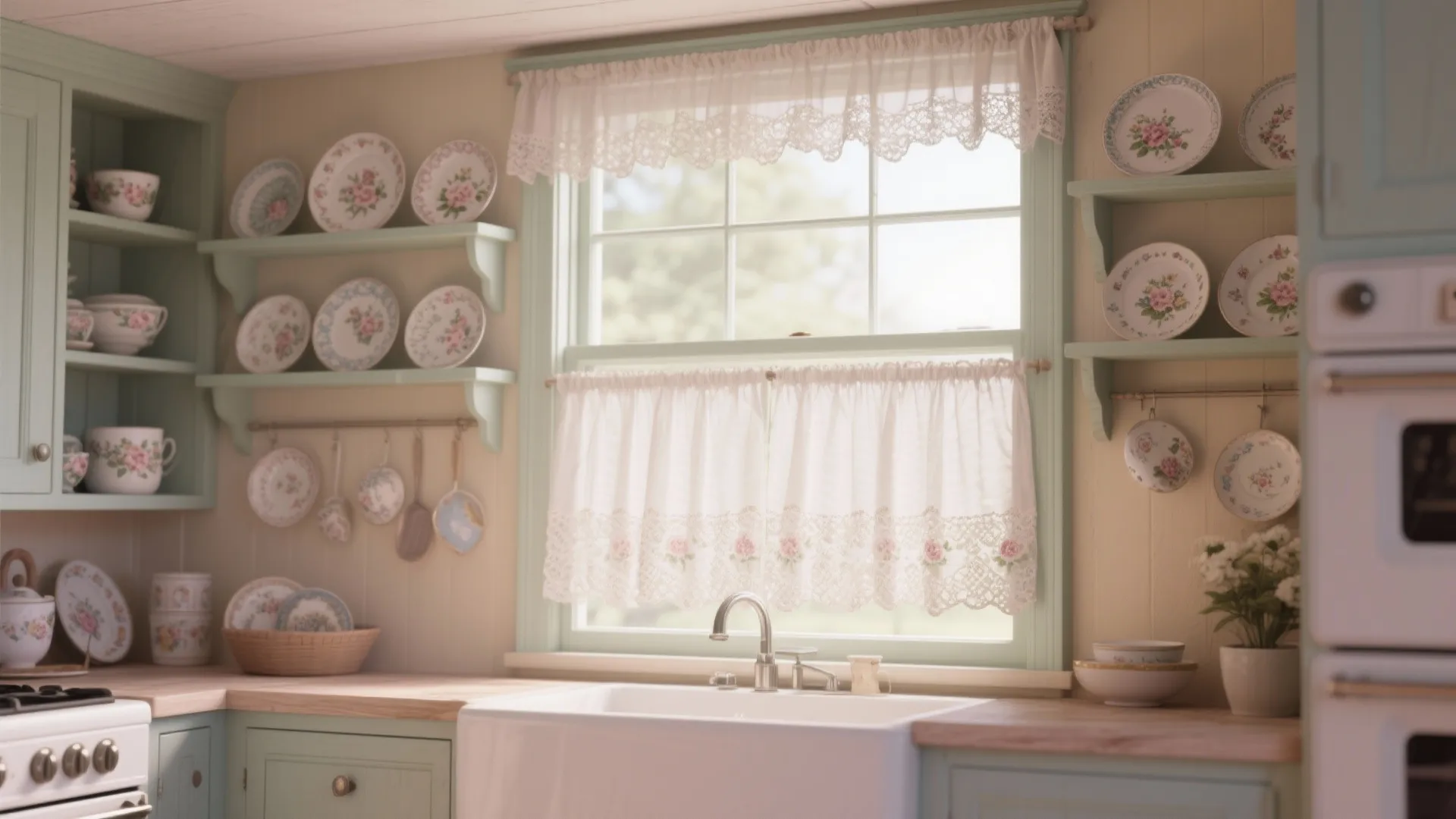 Country style kitchen featuring white lace window curtains floral plates on shelves and white sink