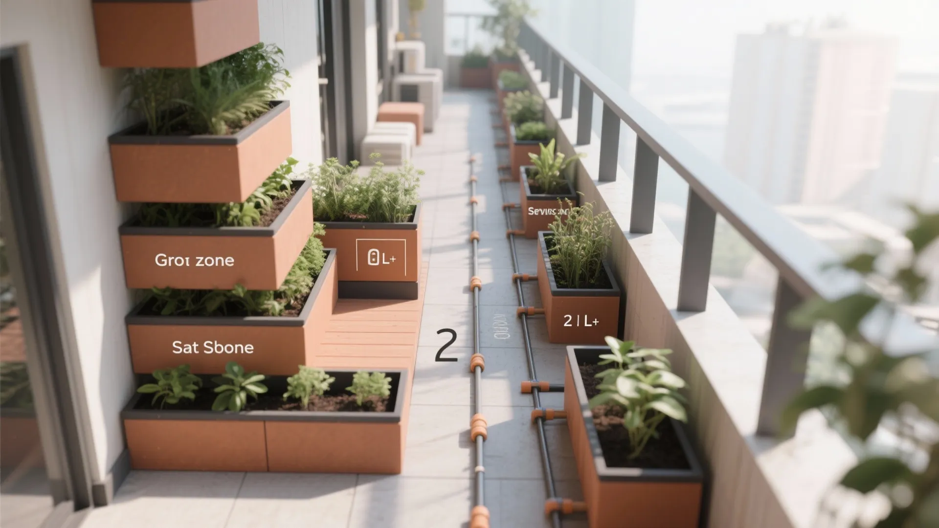 Top-down view of modular tiered planters with clear circulation and drip lines on a compact balcony.