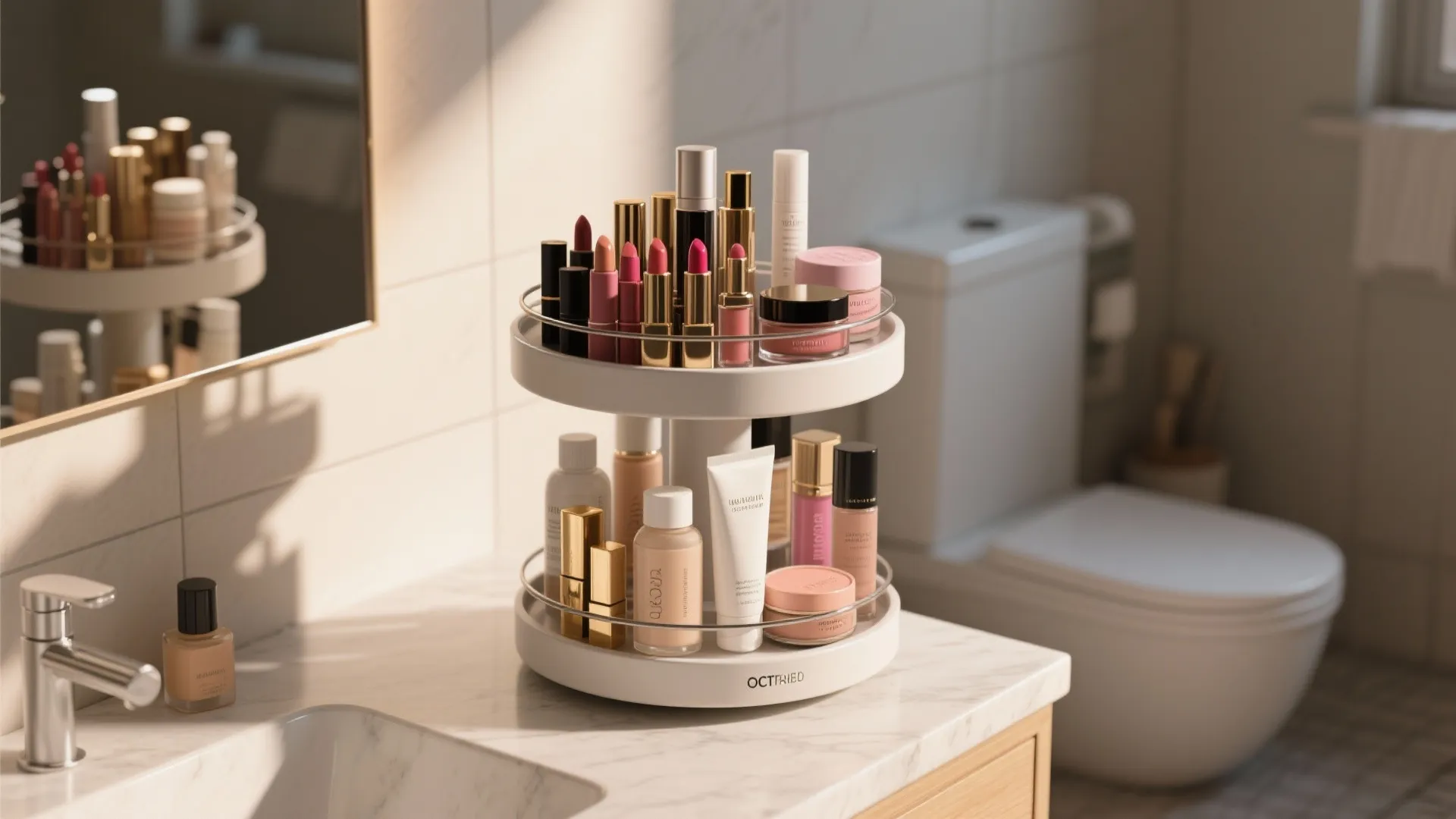 Two tier rotating white makeup organizer stand on marble bathroom counter with various cosmetic products