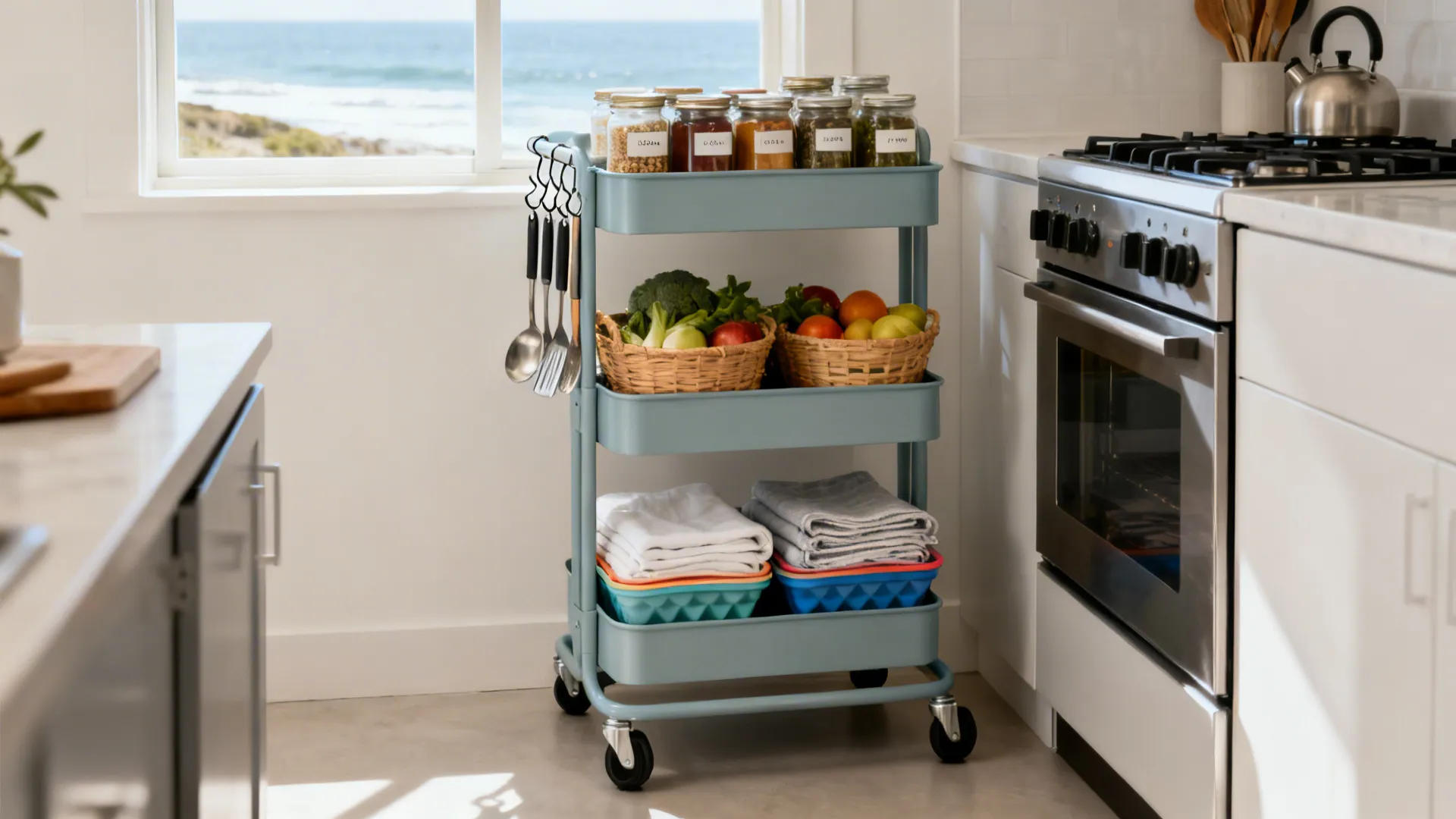 Light blue three level rolling kitchen cart holding glass jars fresh fruit baskets and towels