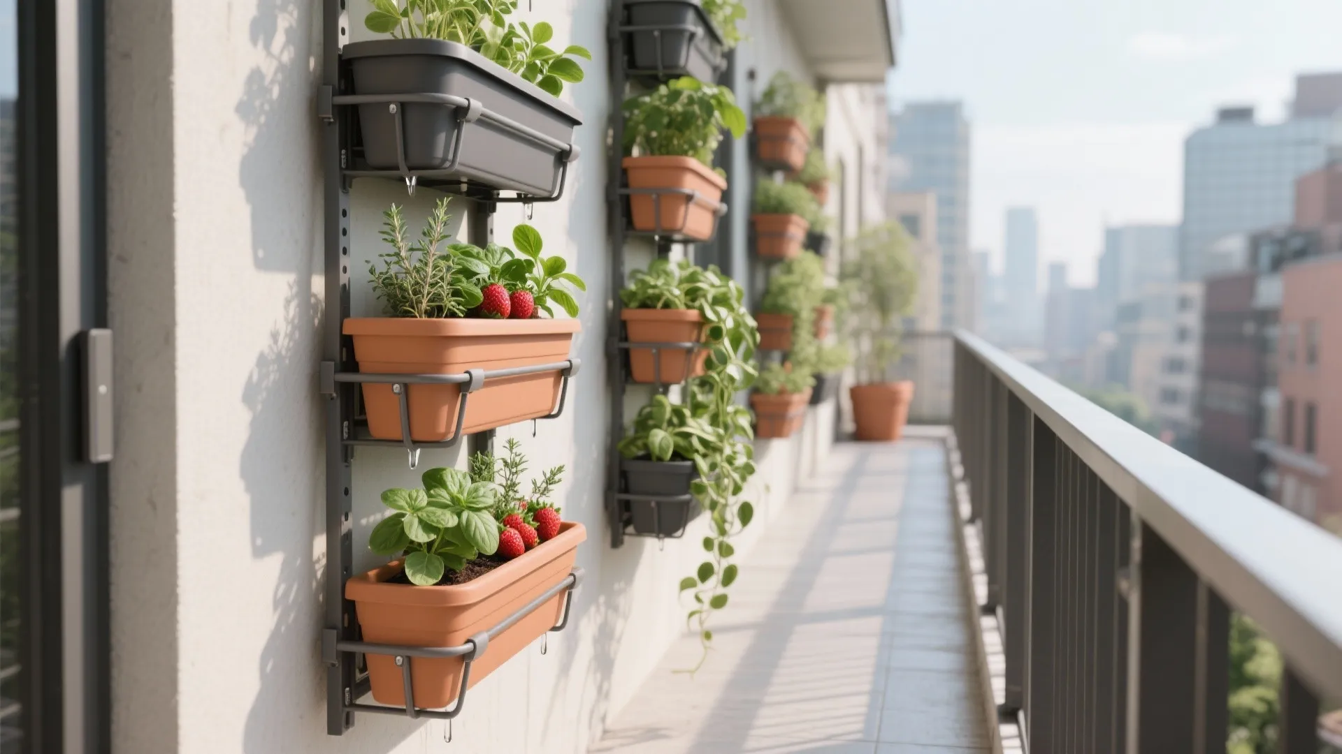 Vertical tiered planter system with herbs, strawberries, and pothos on a narrow balcony, keeping a clear walking path.