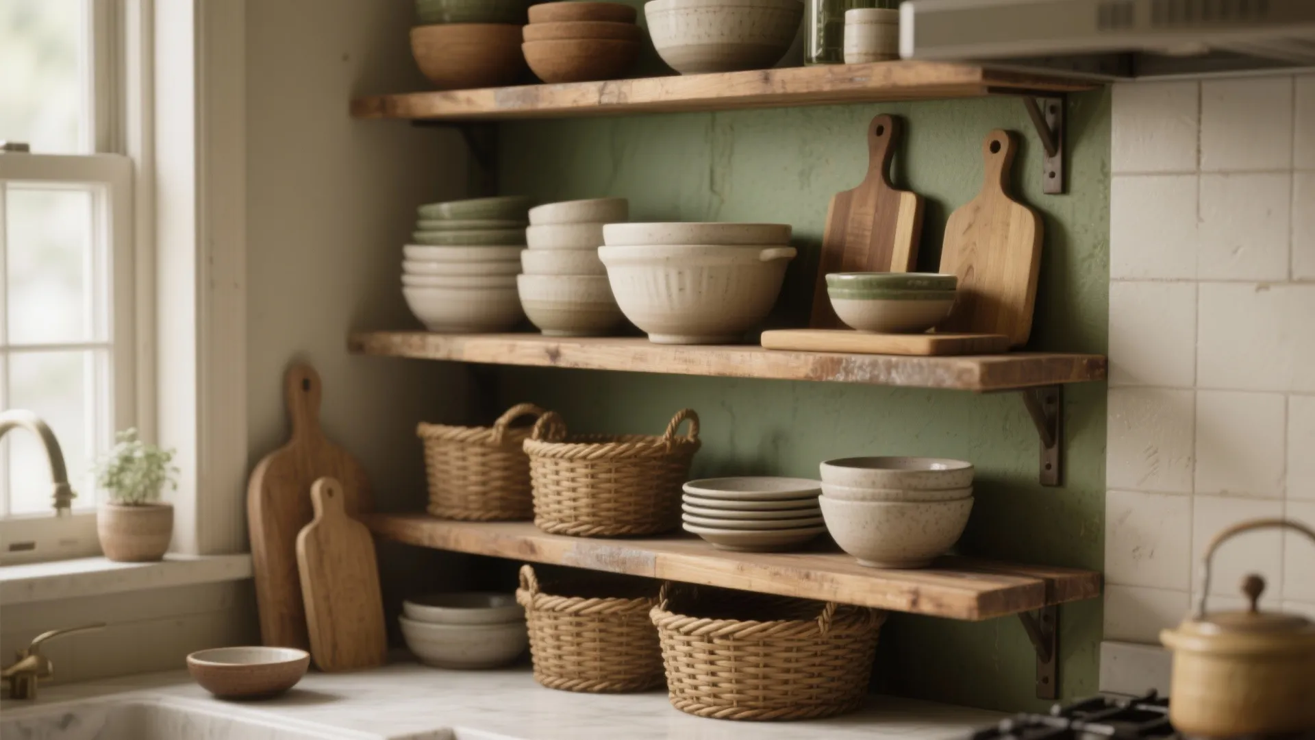 Rustic wooden open shelves displaying ceramic bowls woven baskets and cutting boards against green wall