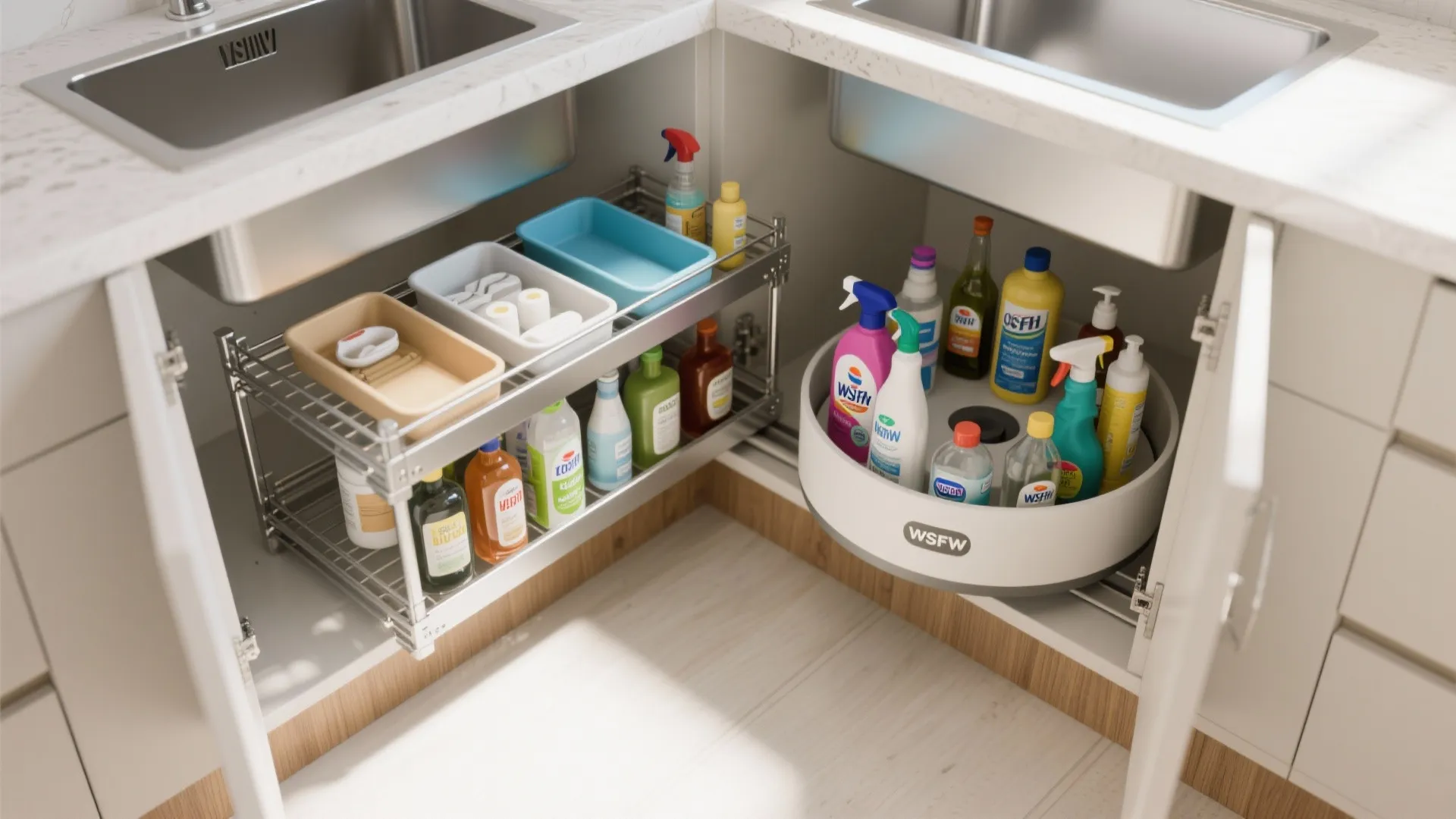 3. Tiered organizers and turntables to maximize depth